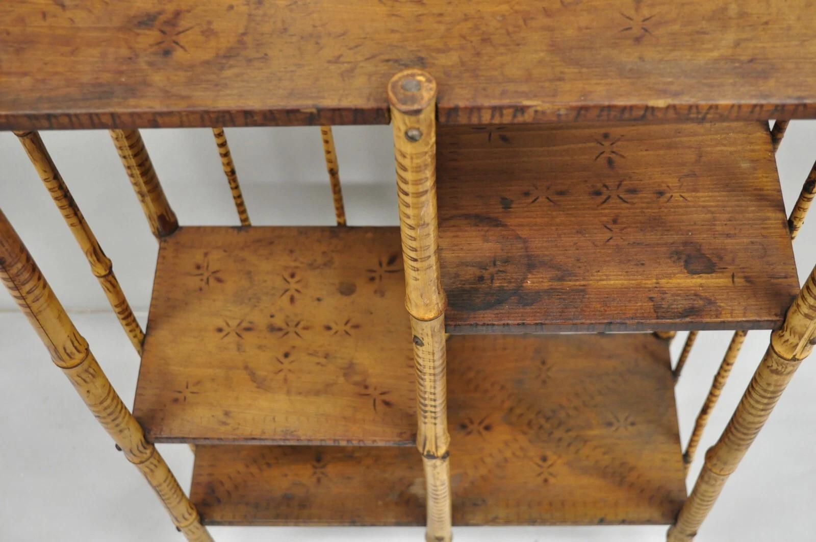 Antique English Victorian Stick and Ball Burnt Bamboo Curio Etagere Shelf Mirror For Sale 3