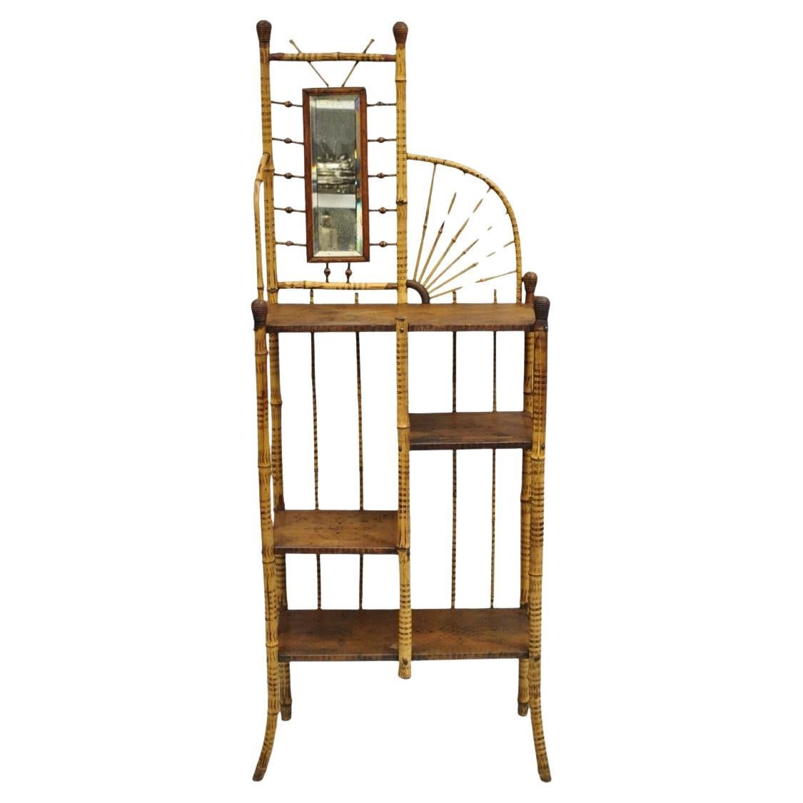 Antiguo Espejo de Estantería Victoriano Inglés Ball and Ball Bambú Quemado Curio Etagere