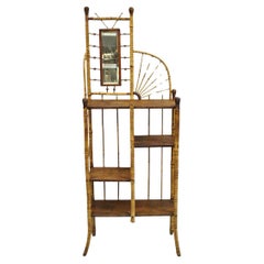 Antique English Victorian Stick and Ball Burnt Bamboo Curio Etagere Shelf Mirror
