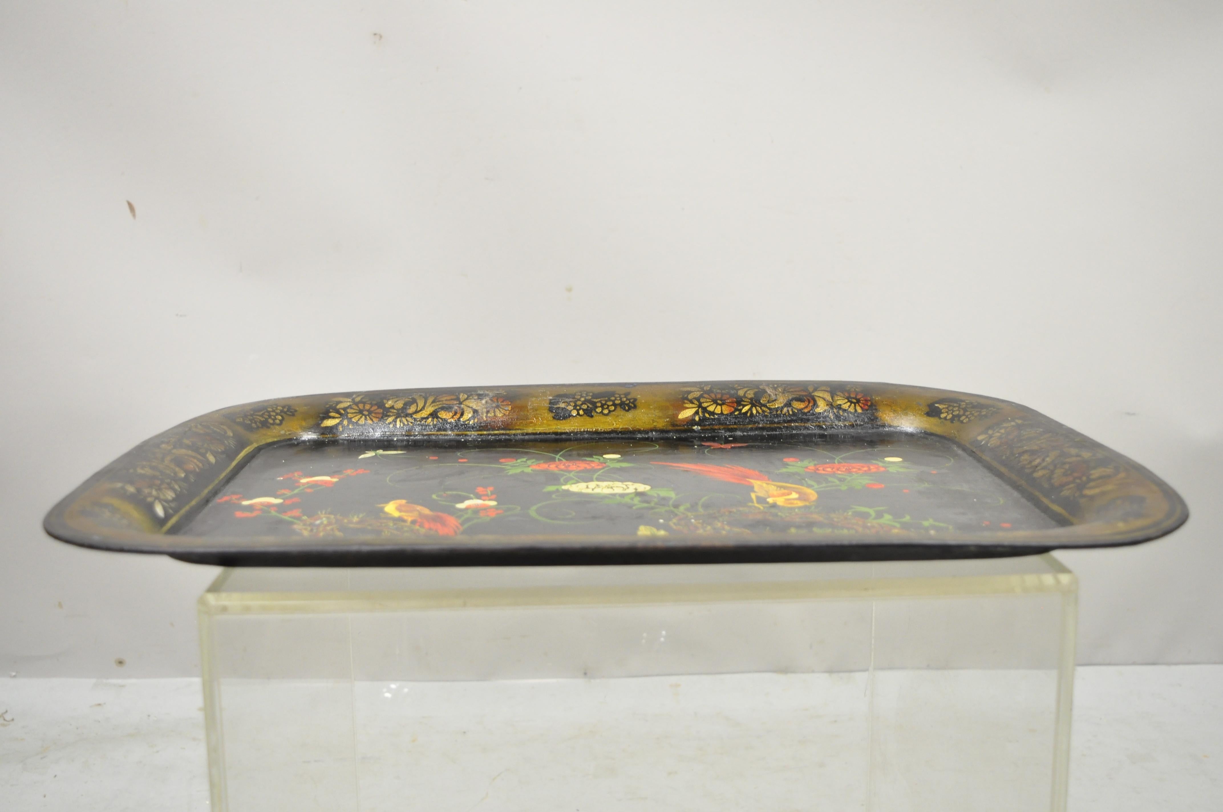 Antique English Victorian Tole Metal Toleware Hand Painted Tray Birds Flowers 3