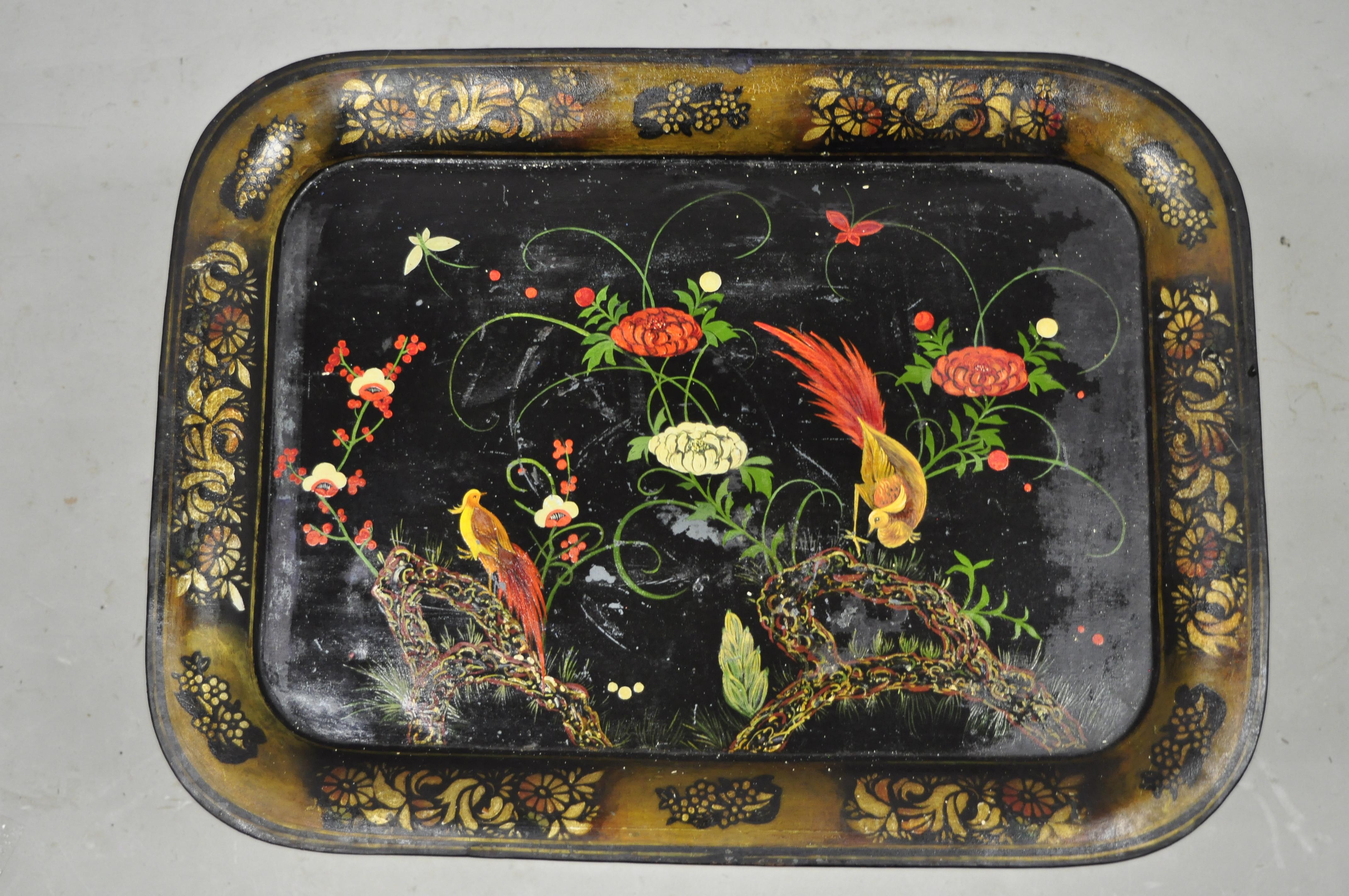 Antique English Victorian Tole Metal Toleware Hand Painted Tray Birds Flowers 4