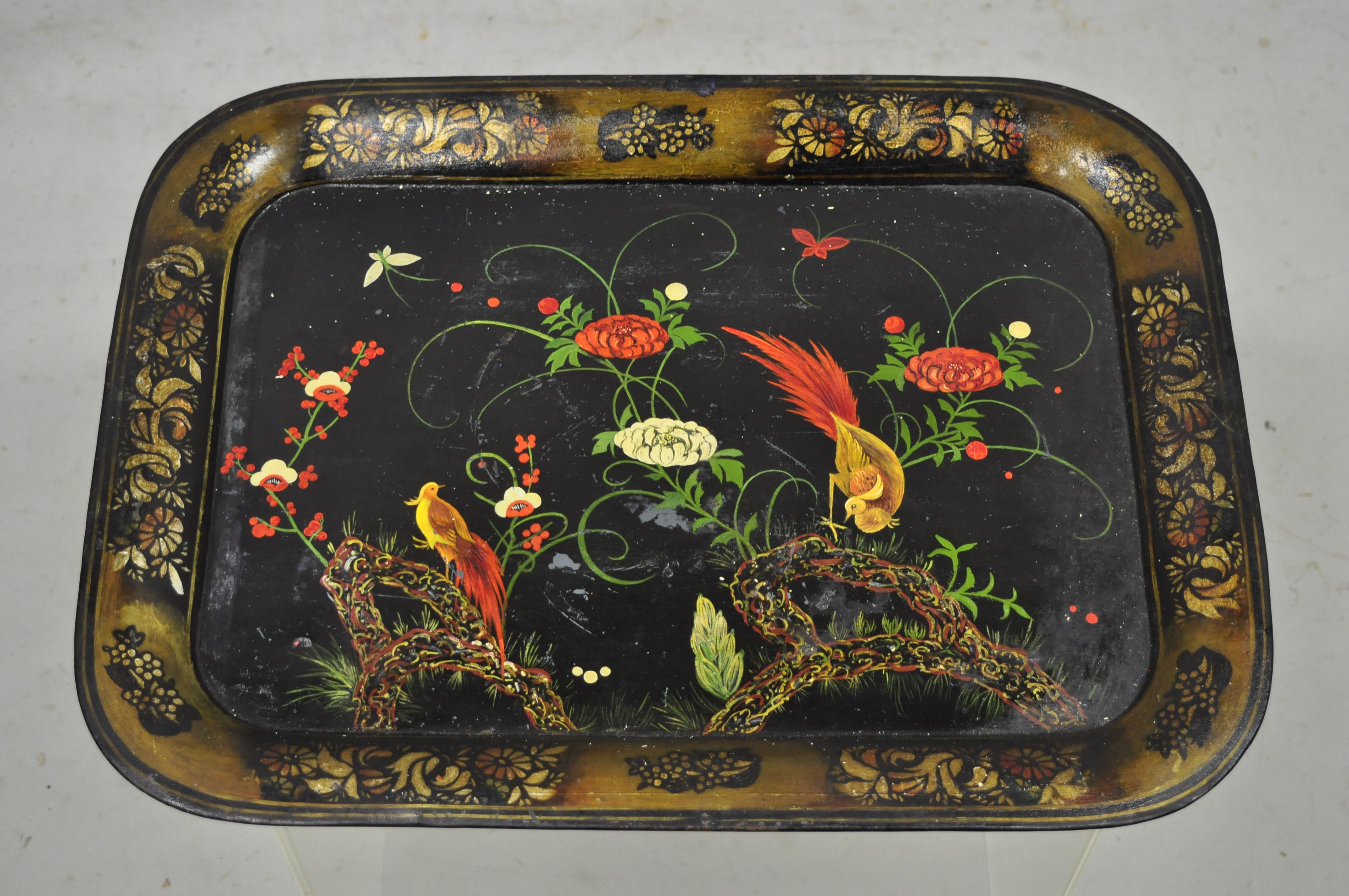 Antique English Victorian Tole Metal Toleware hand painted tray birds flowers. Item features hand painted flower and birds, authentic distressed figure, very nice antique item, great style and form. Circa 19th Century. Measurements: 1