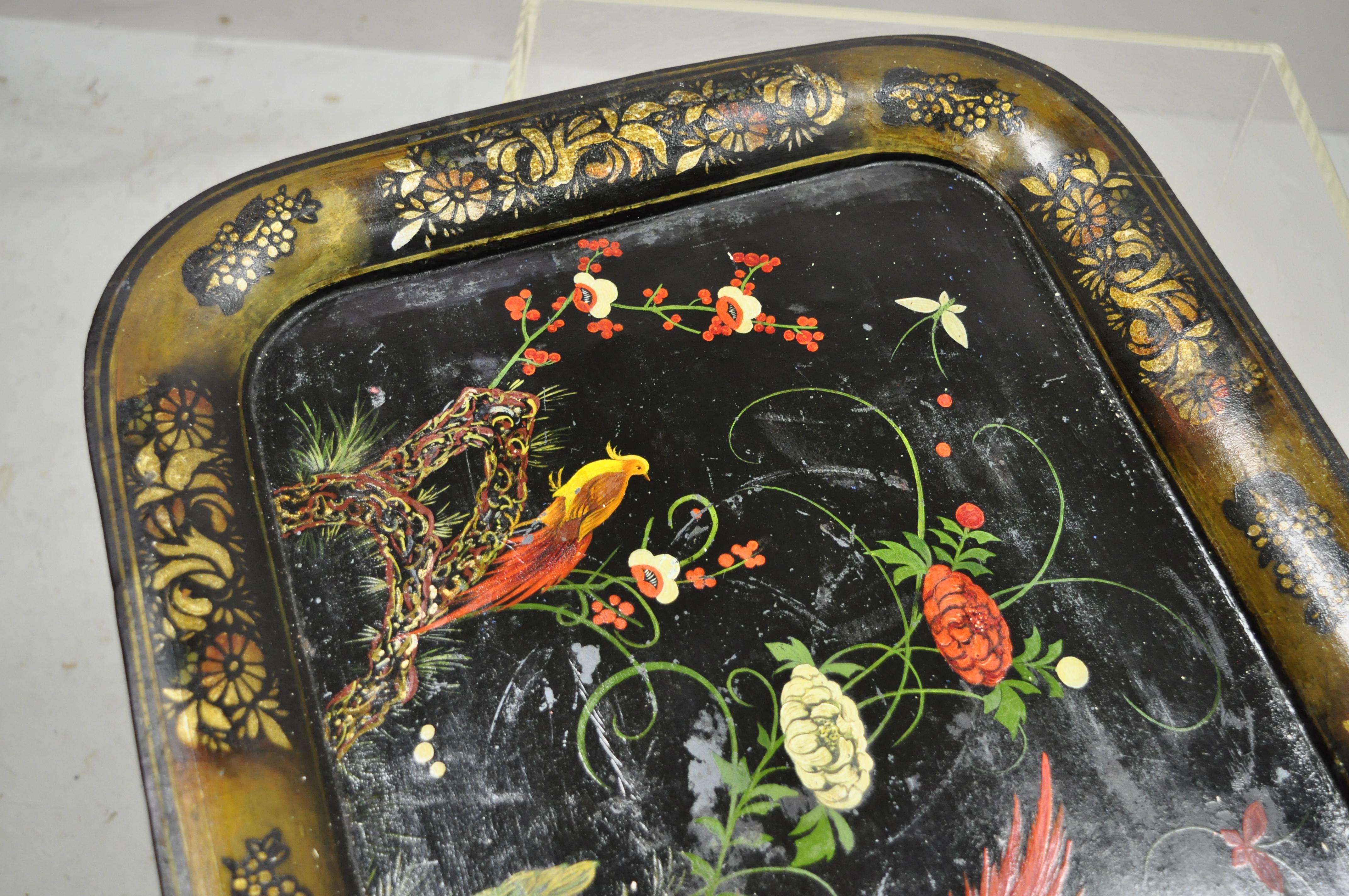 Antique English Victorian Tole Metal Toleware Hand Painted Tray Birds Flowers 2