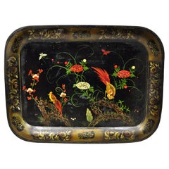 Antique English Victorian Tole Metal Toleware Hand Painted Tray Birds Flowers