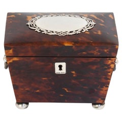 Antique English Victorian Tortoiseshell Tea Caddy by Saunders & Shepherd