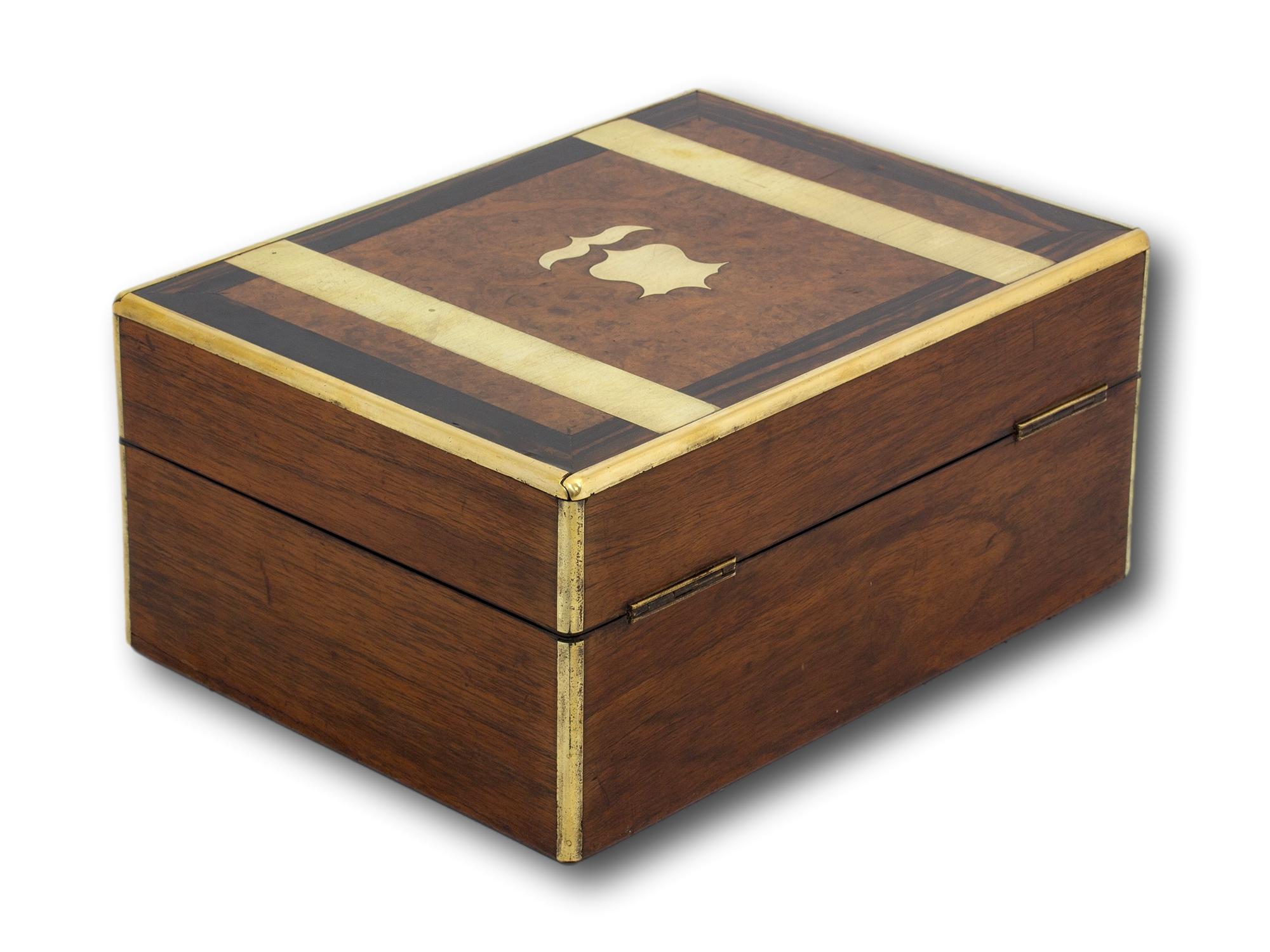 Brass Antique English Victorian Walnut and Coromandel Jewelery Box For Sale