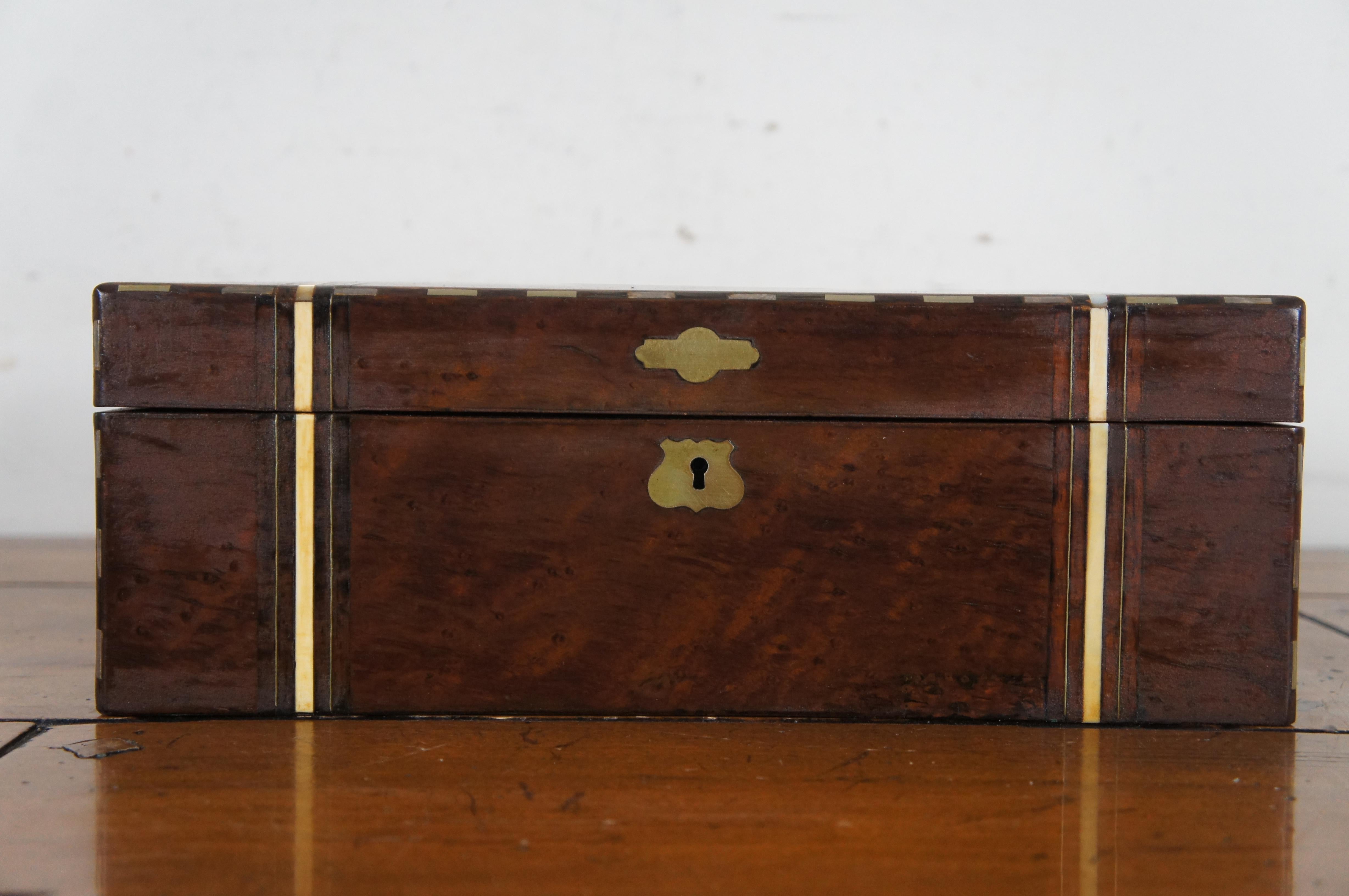 19th Century Antique English Victorian Walnut Burl Inlaid Campaign Jewelry Chest Vanity Box 1 For Sale
