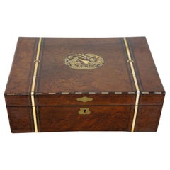 Antique English Victorian Walnut Burl Inlaid Campaign Jewelry Chest Vanity Box 1