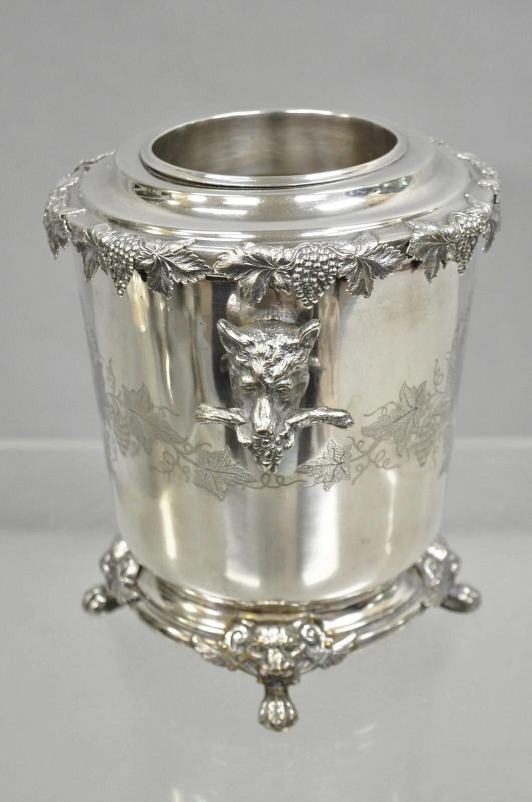 Antique English Victorian Wolf Handle Silver Plated Champagne Chiller Ice Bucket For Sale 7
