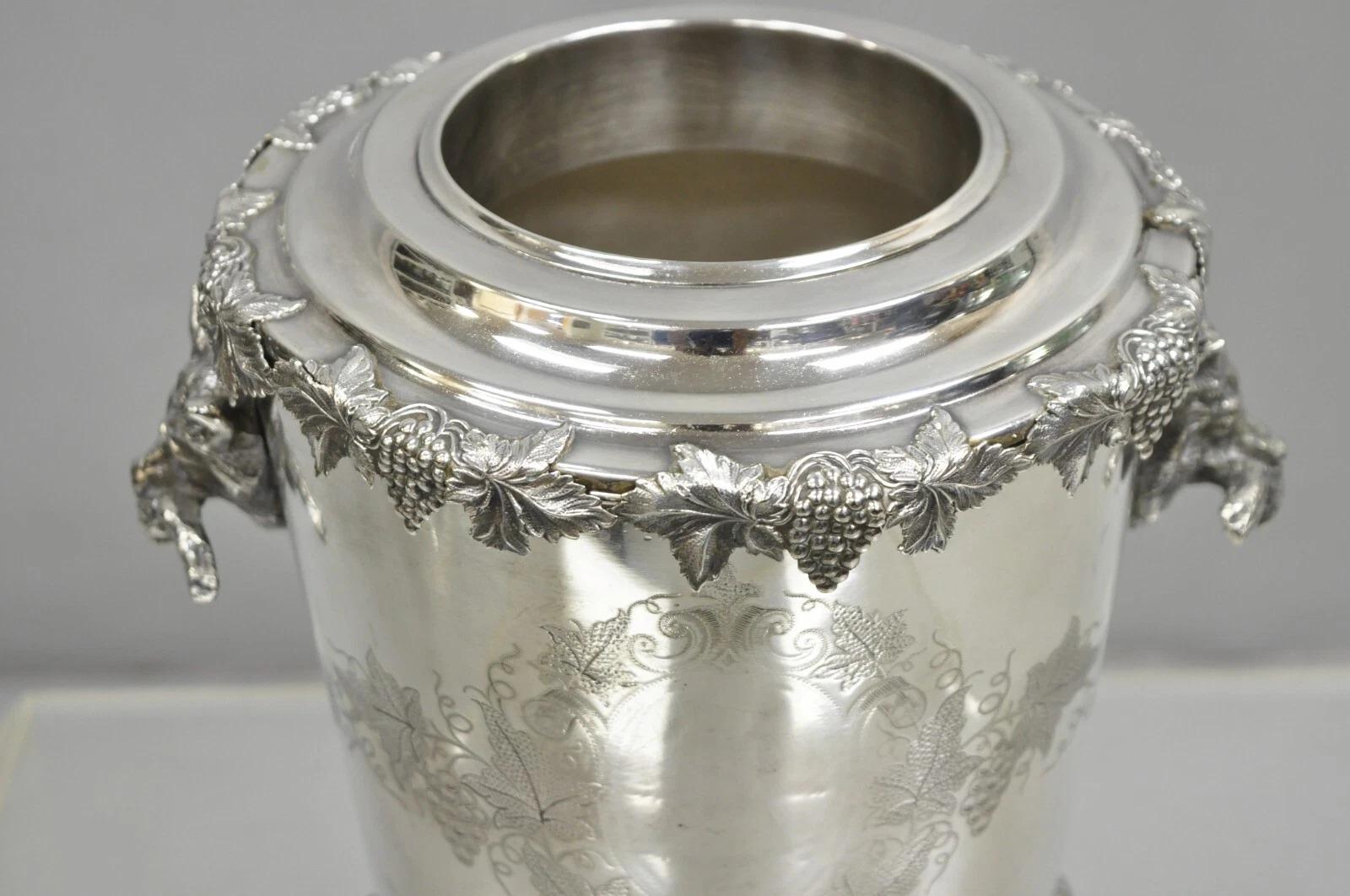 Antique English Victorian Wolf Handle Silver Plated Champagne Chiller Ice Bucket In Good Condition For Sale In Philadelphia, PA