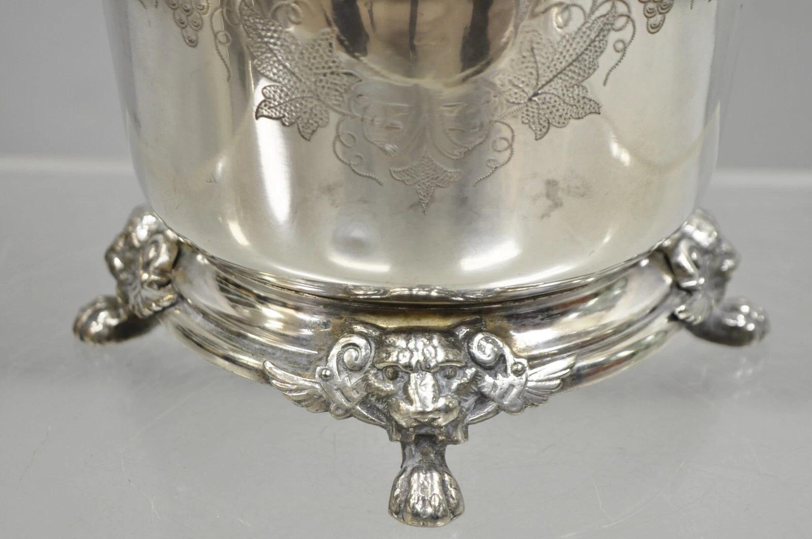 20th Century Antique English Victorian Wolf Handle Silver Plated Champagne Chiller Ice Bucket For Sale