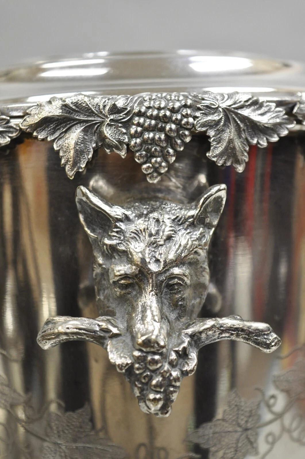 Antique English Victorian Wolf Handle Silver Plated Champagne Chiller Ice Bucket For Sale 1