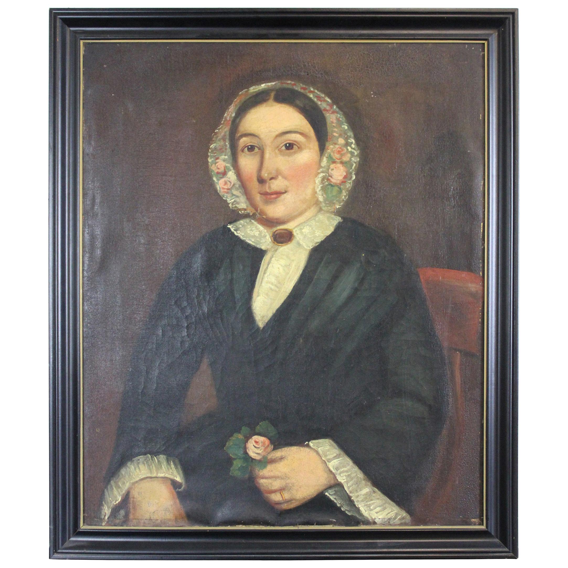Peinture à l'huile ancienne de portrait de femme victorienne anglaise Henry James Barrett