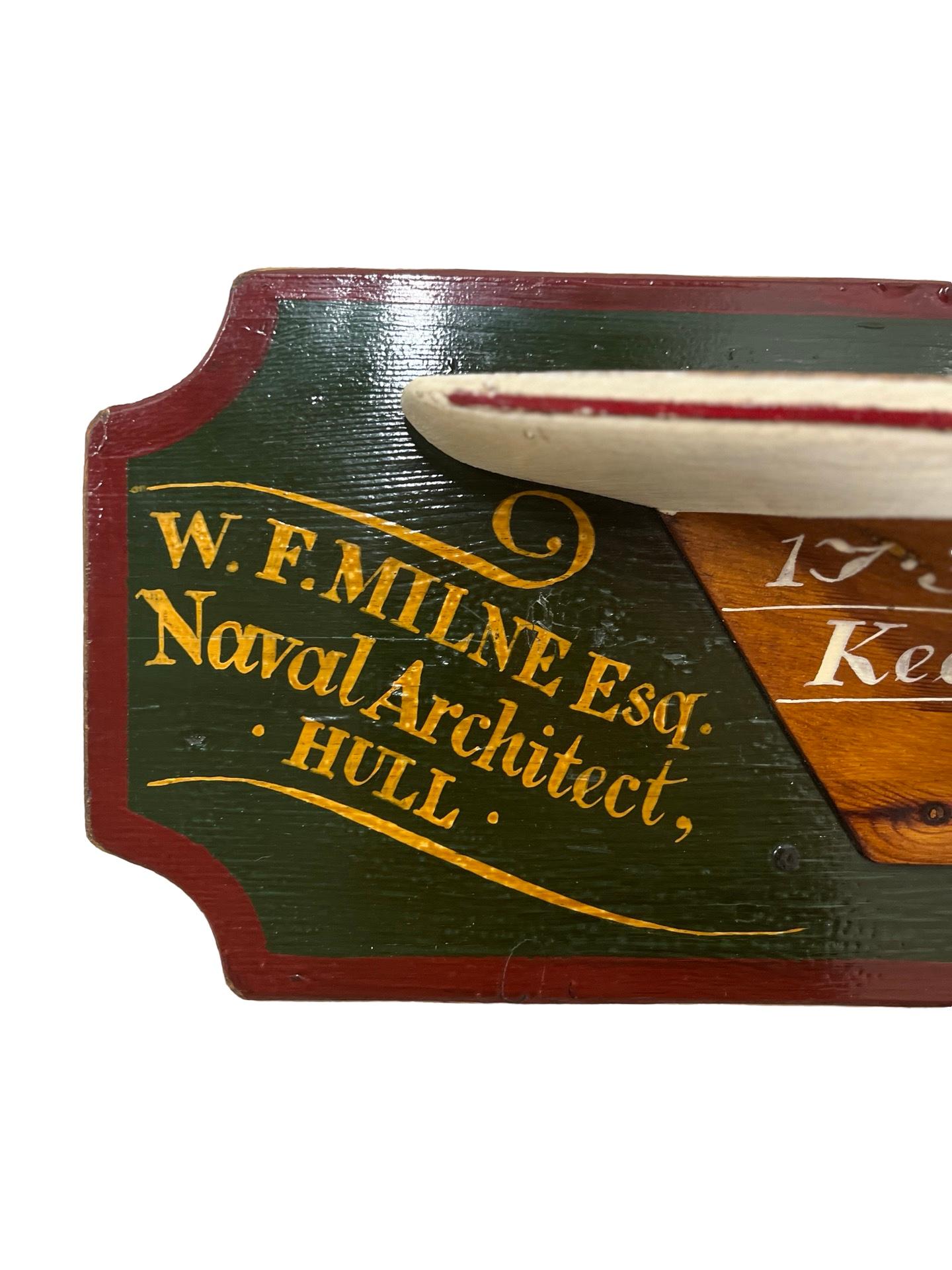 Hull England, late 19th to possibly early 20th century.

An antique half hull builder's ship model by W. F. Milne Esquire - Naval Architect, Hull England. This model is for ship No. 31 which measured 185 ft and weighed 1712 tons. 

Each part of the