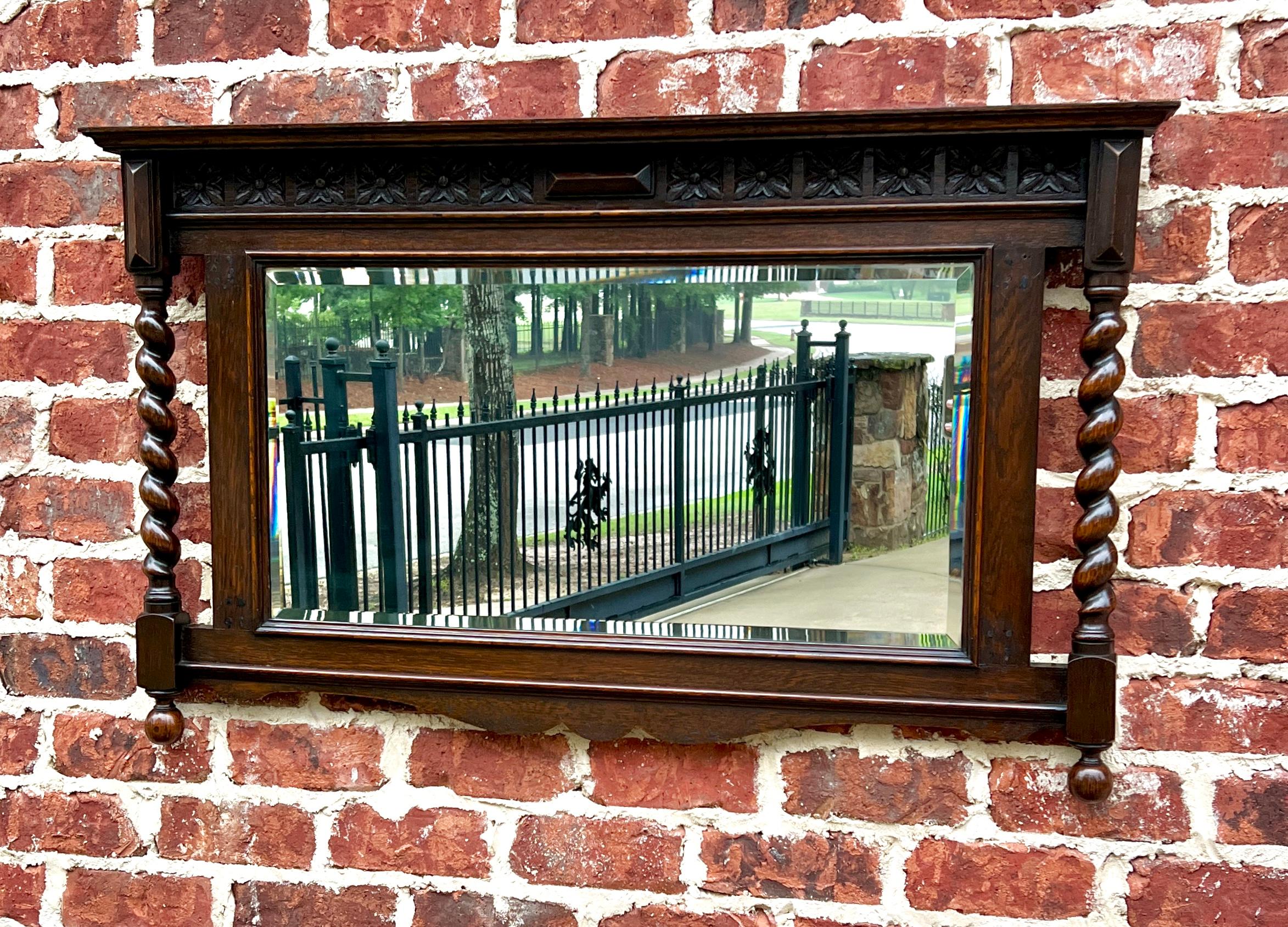 Antique English Wall Mirror Rectangular Barley Twist Post Oak Beveled 1930's 8