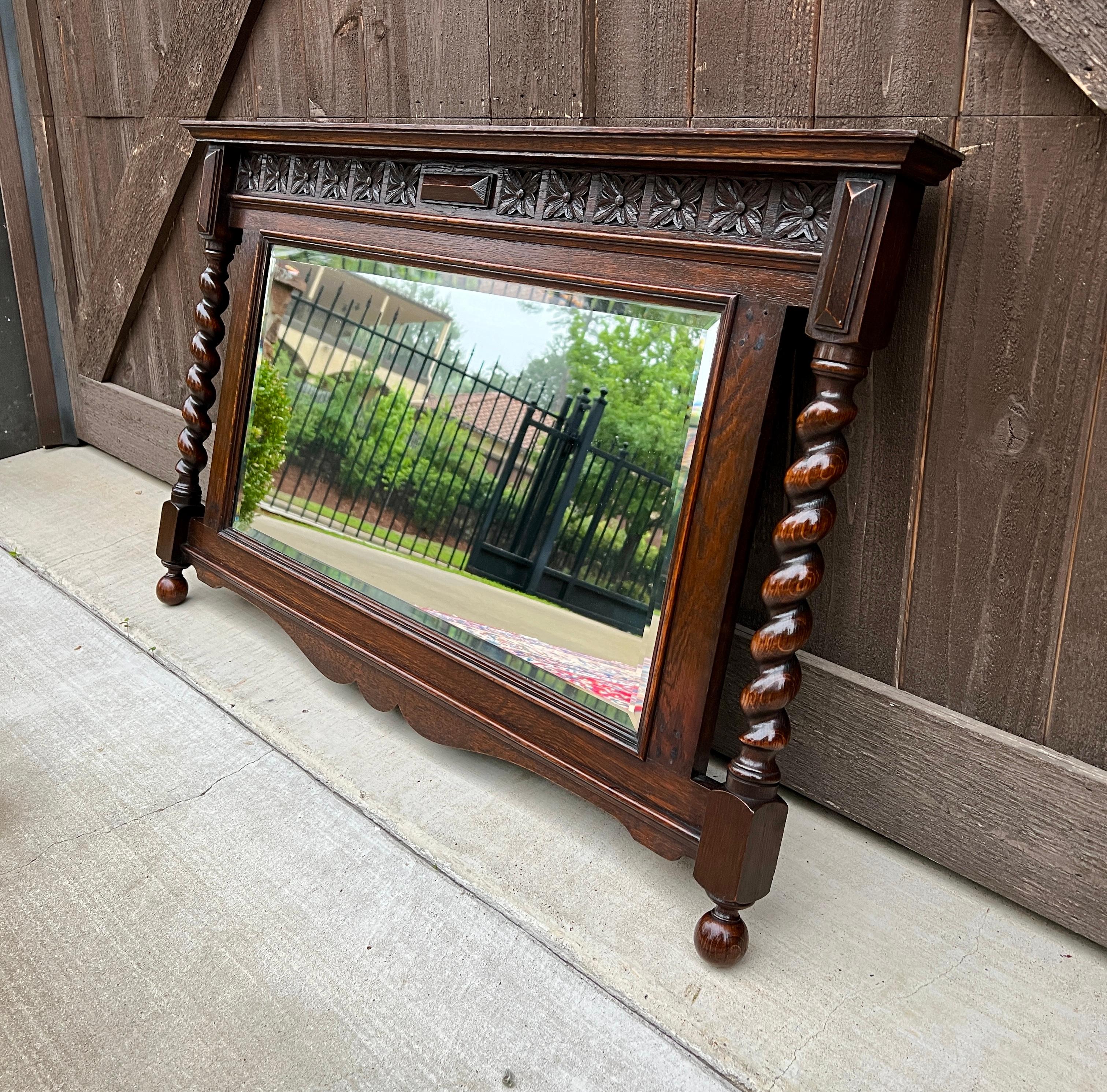 Antique English Wall Mirror Rectangular Barley Twist Post Oak Beveled 1930's 9