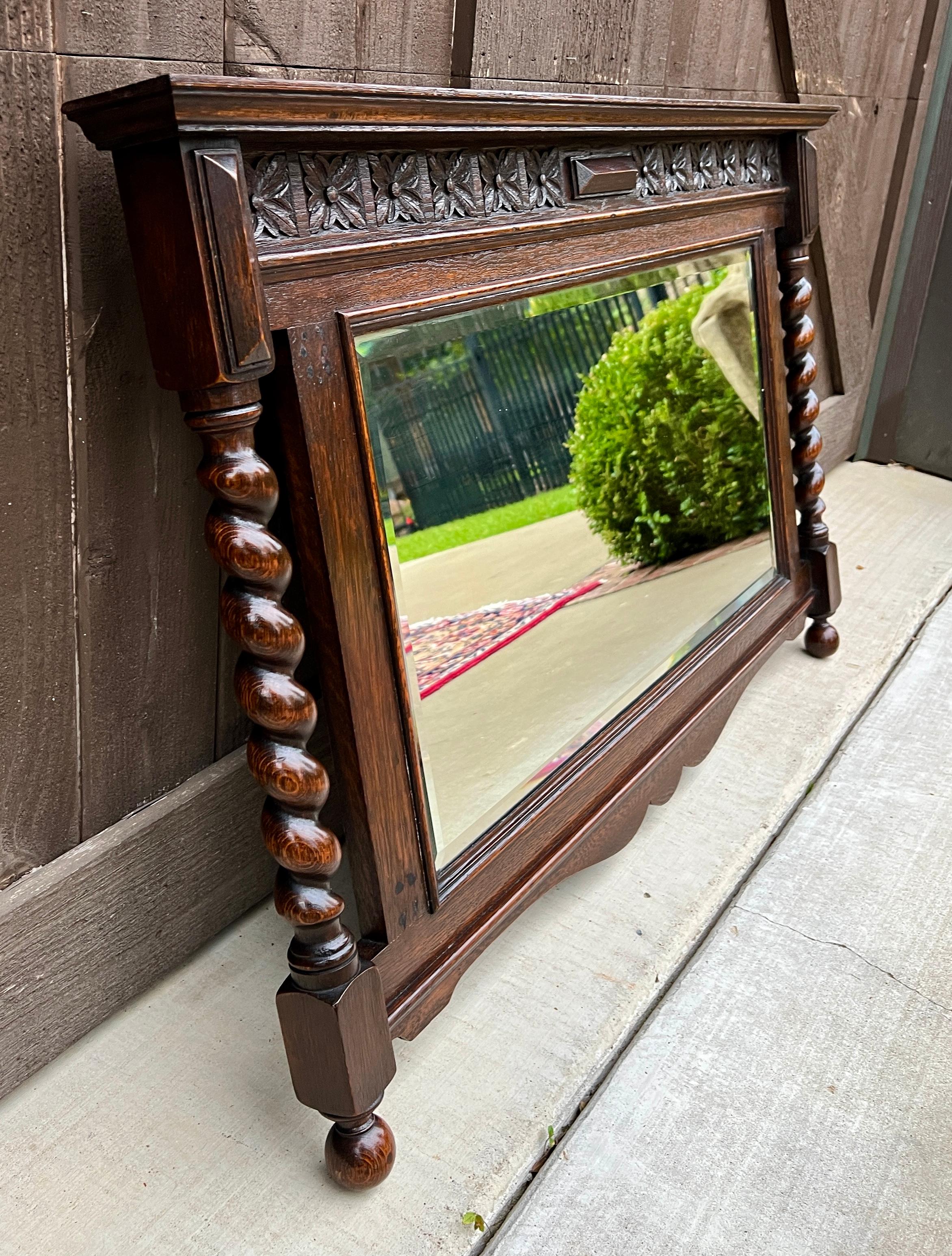 Antique English Wall Mirror Rectangular Barley Twist Post Oak Beveled 1930's 10