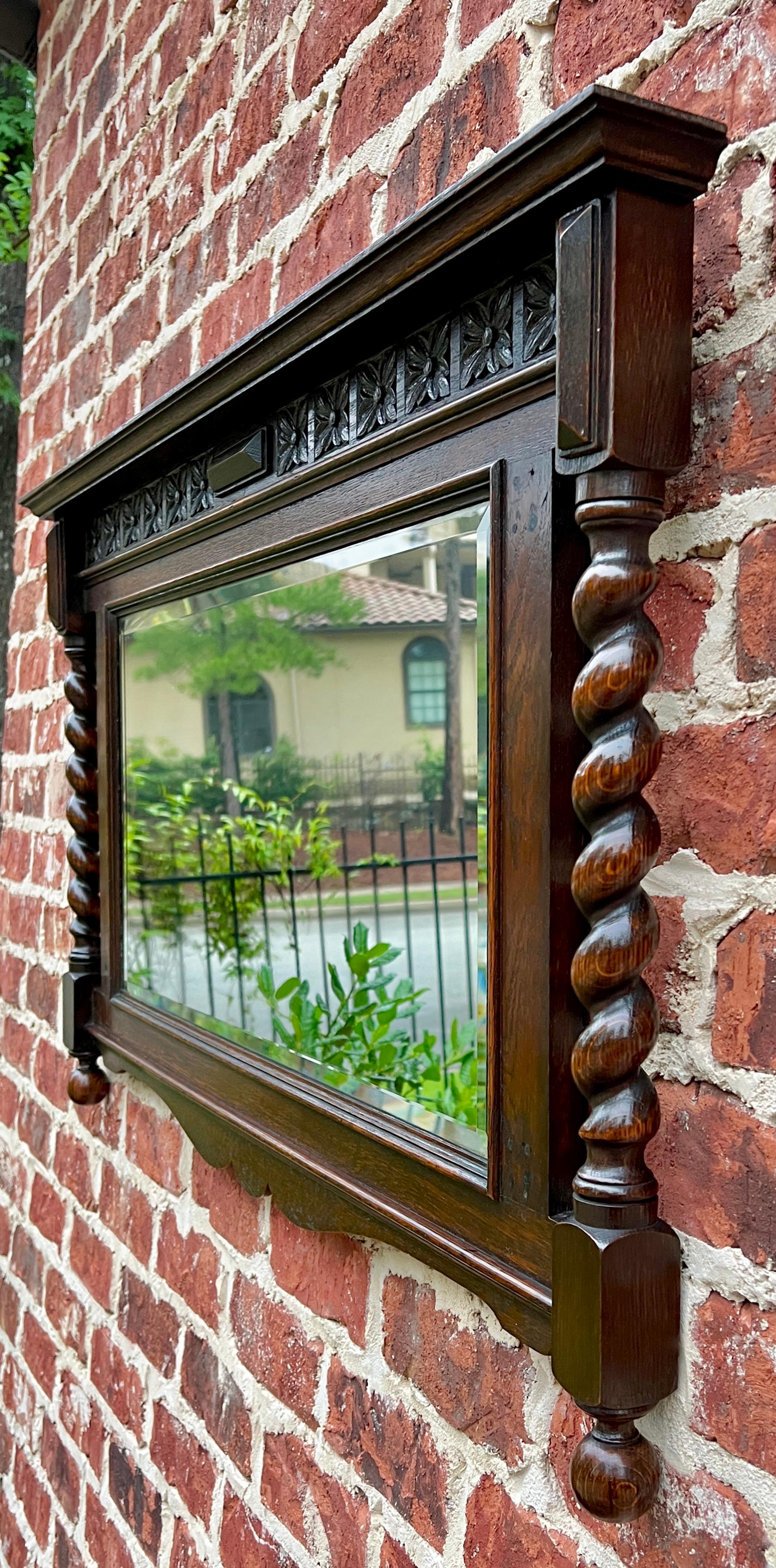 Carved Antique English Wall Mirror Rectangular Barley Twist Post Oak Beveled 1930's For Sale