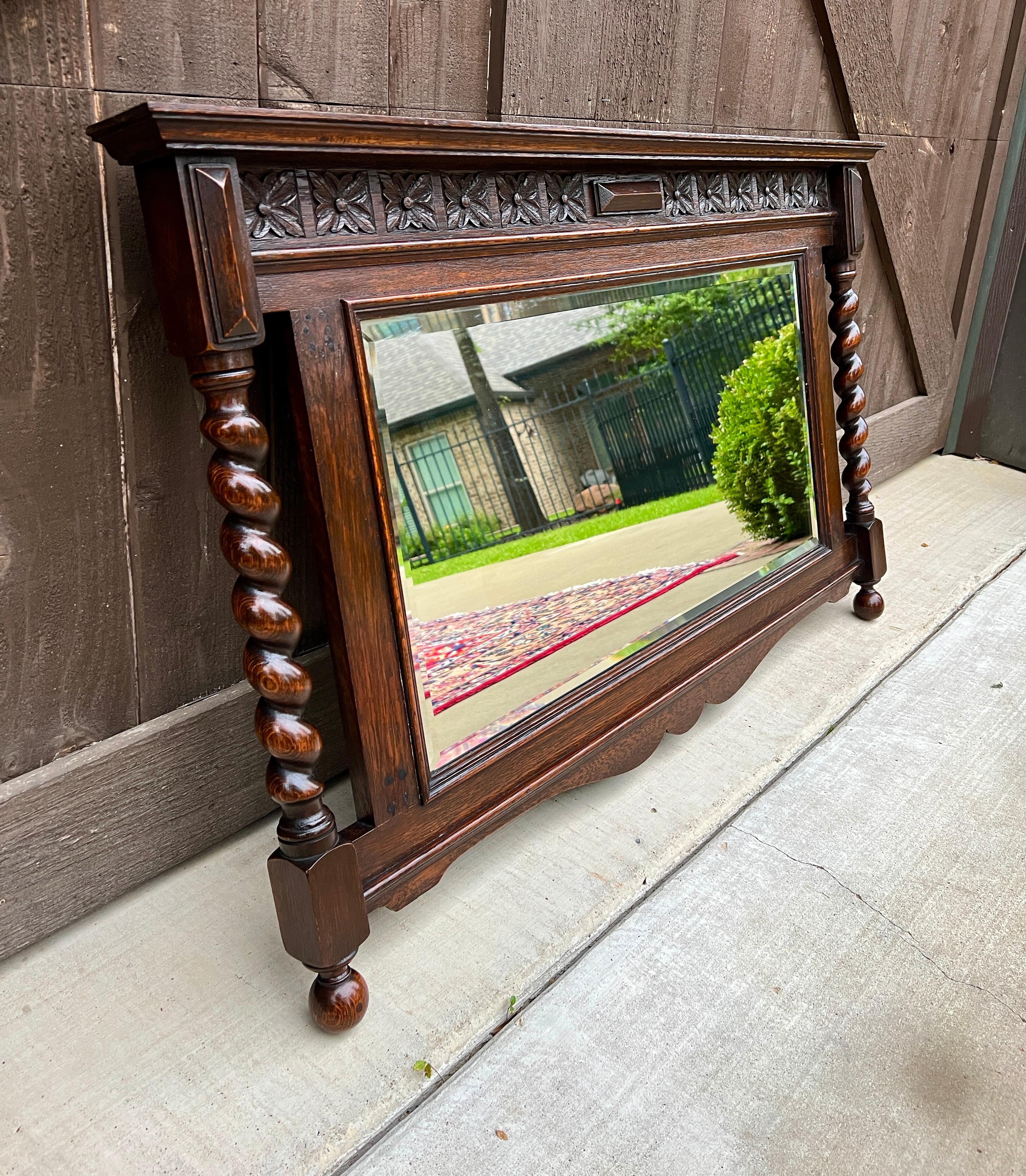 Antique English Wall Mirror Rectangular Barley Twist Post Oak Beveled 1930's 1