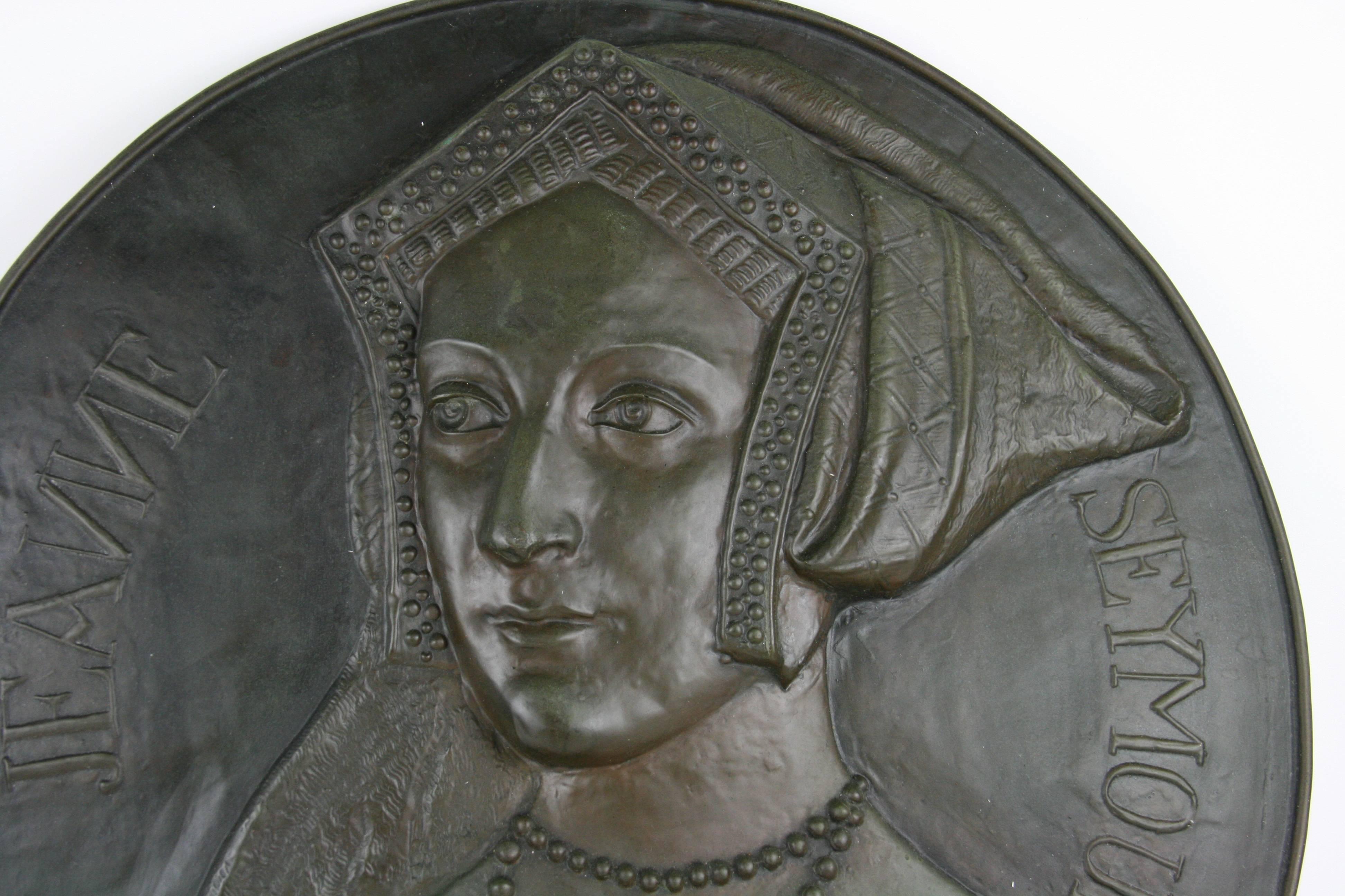 1-4028 antique metal sculptural wall plaque of Jane Seymour wife of King Henry 8th of England.
          