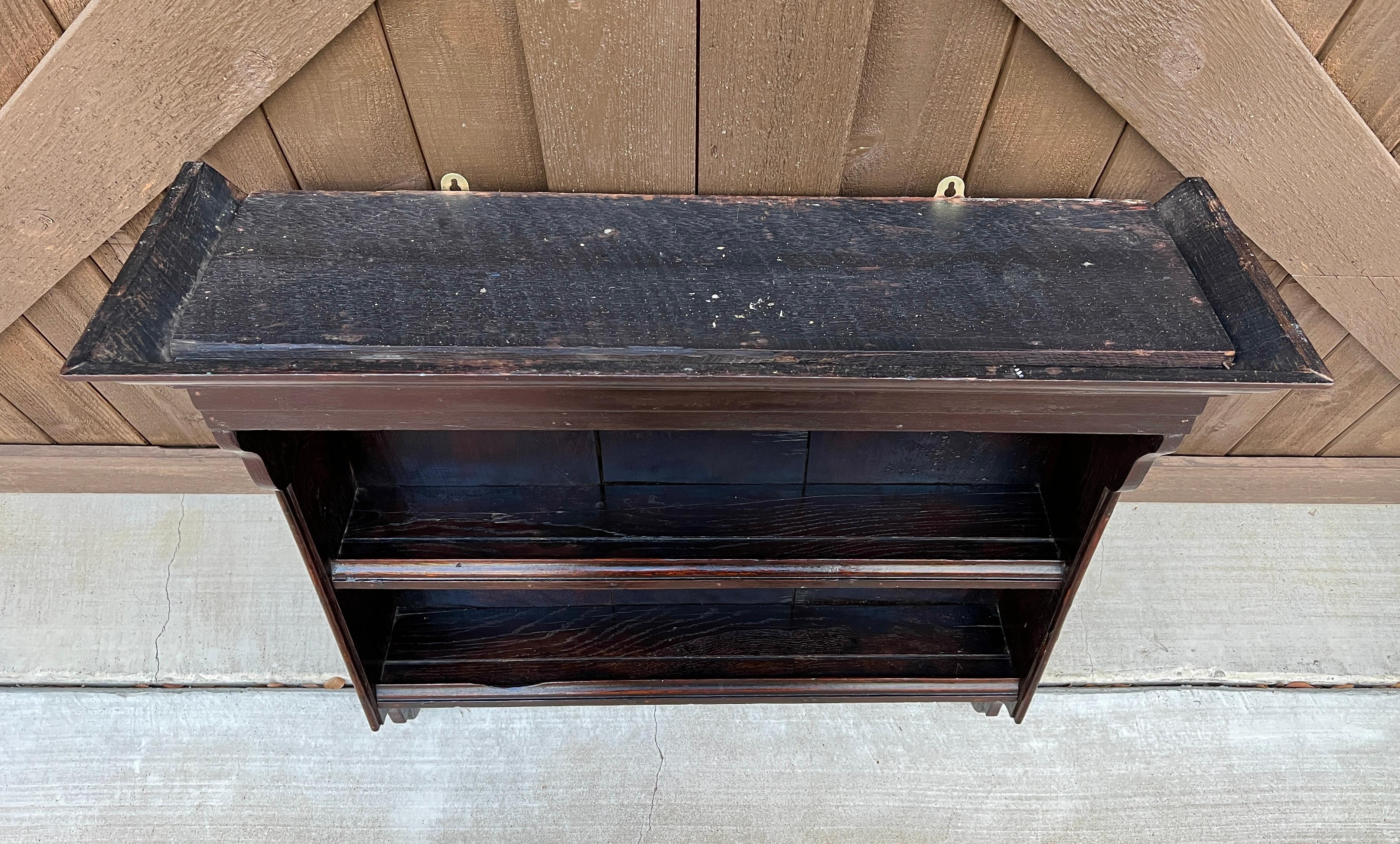 Antique English Wall Shelf Plate Rack Hanging Bookcase Cabinet Oak Mid 19th C 4
