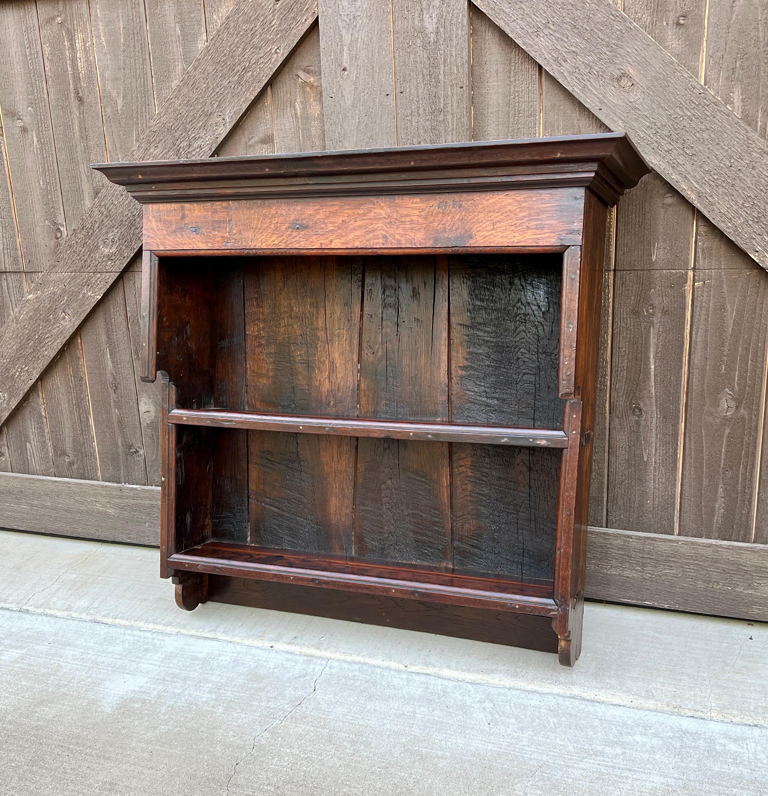 Antique English Wall Shelf Plate Rack Hanging Bookcase Cabinet Oak Mid 19th C 5