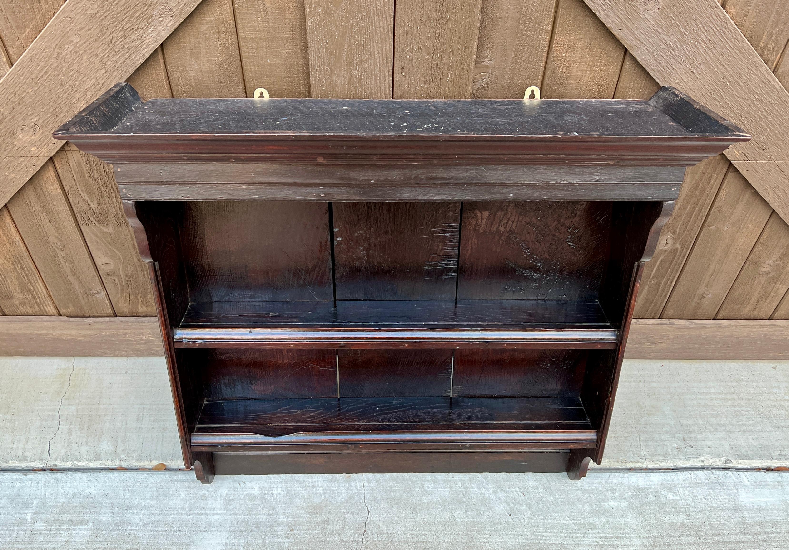 Antique English Wall Shelf Plate Rack Hanging Bookcase Cabinet Oak Mid 19th C 5