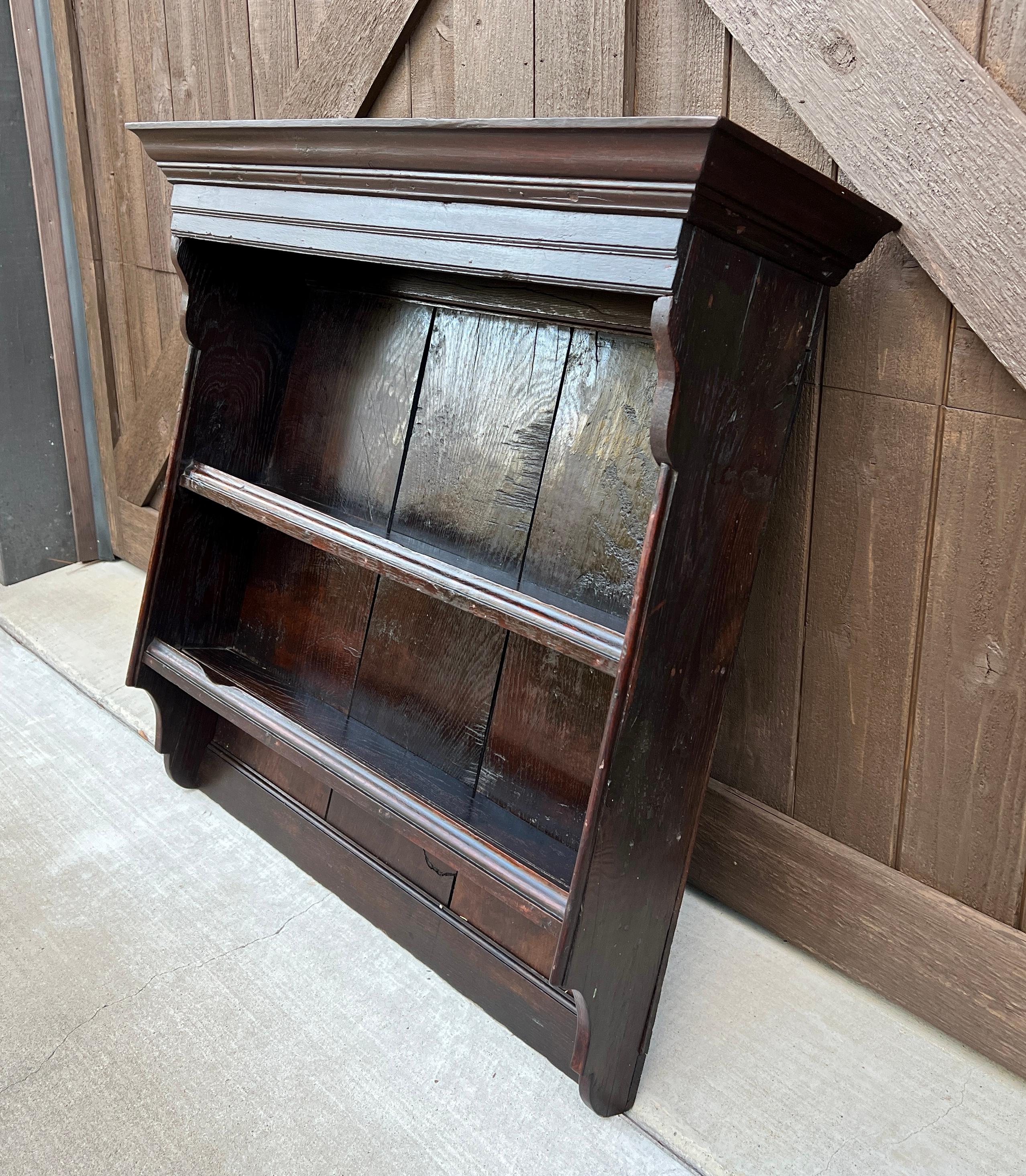 Antique English Wall Shelf Plate Rack Hanging Bookcase Cabinet Oak Mid 19th C 6