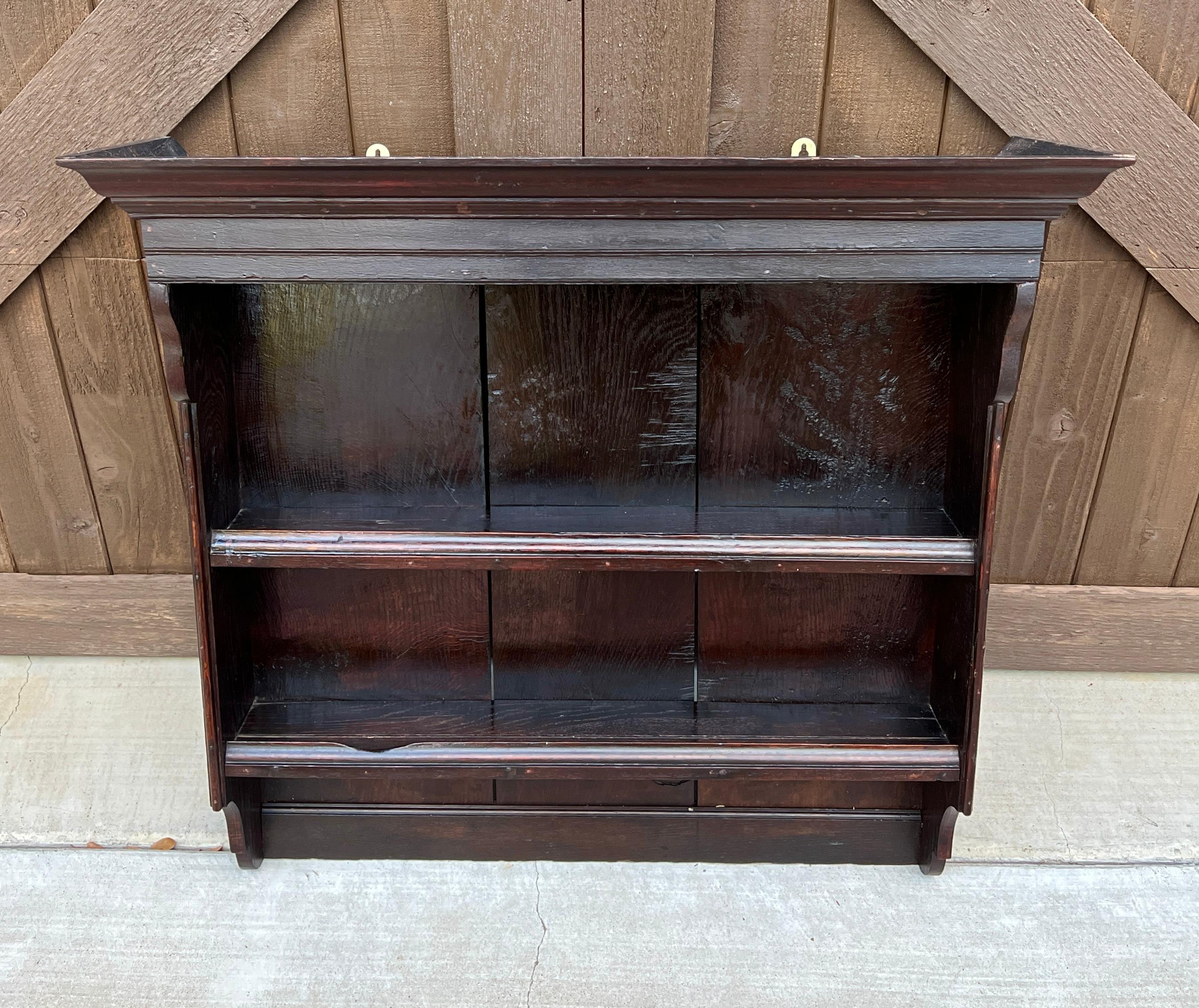 Antique English Wall Shelf Plate Rack Hanging Bookcase Cabinet Oak Mid 19th C 8