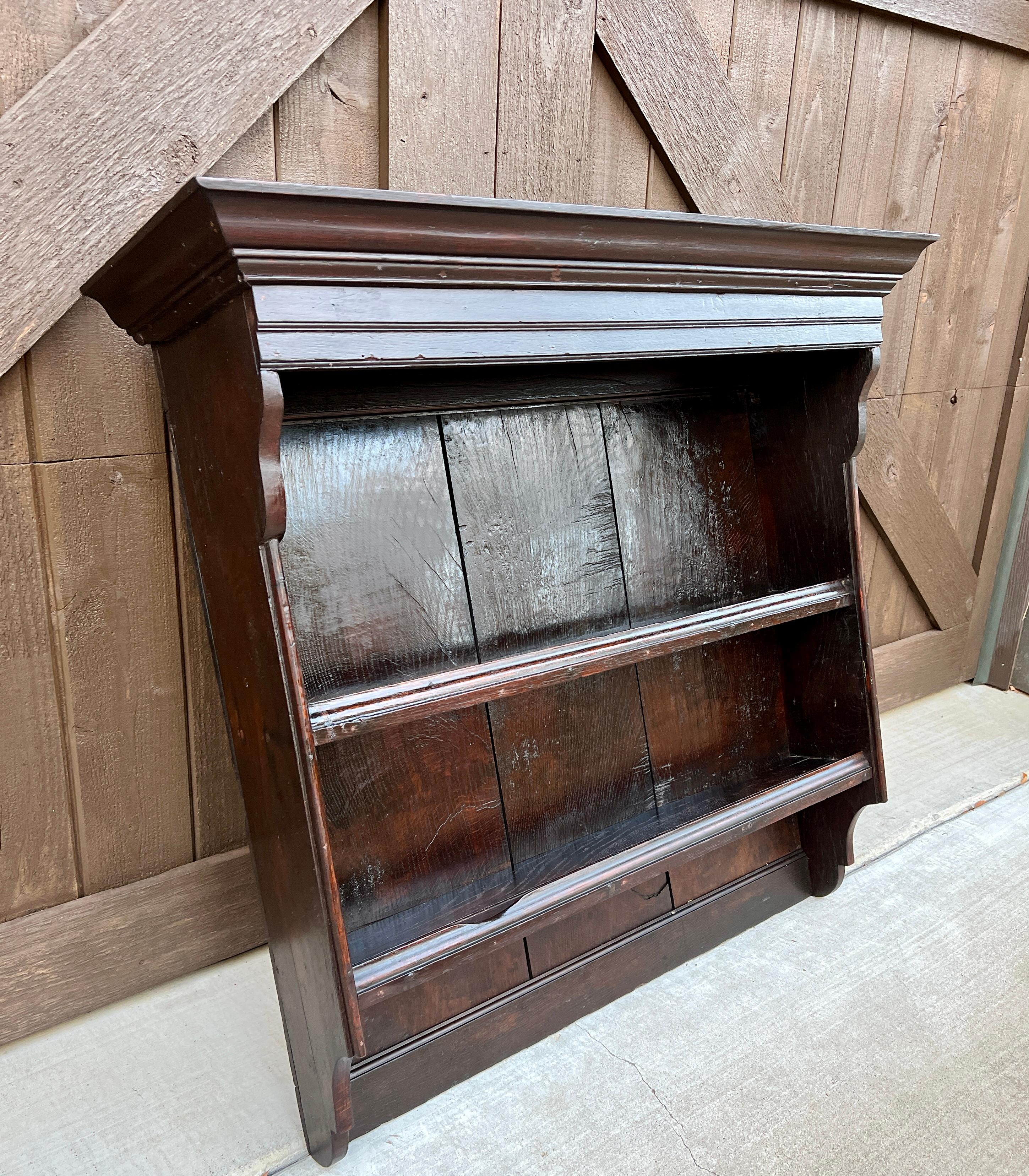 Carved Antique English Wall Shelf Plate Rack Hanging Bookcase Cabinet Oak Mid 19th C