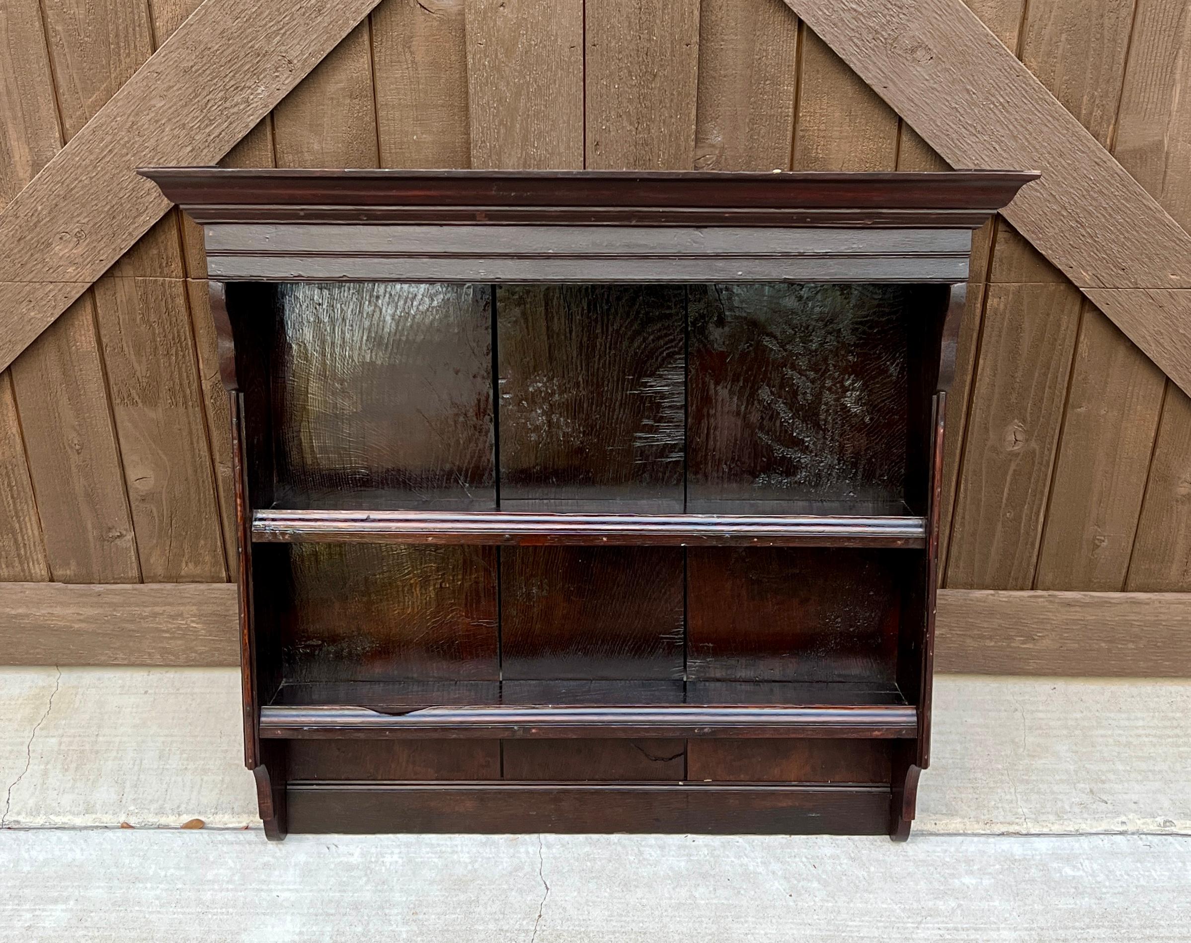 19th Century Antique English Wall Shelf Plate Rack Hanging Bookcase Cabinet Oak Mid 19th C