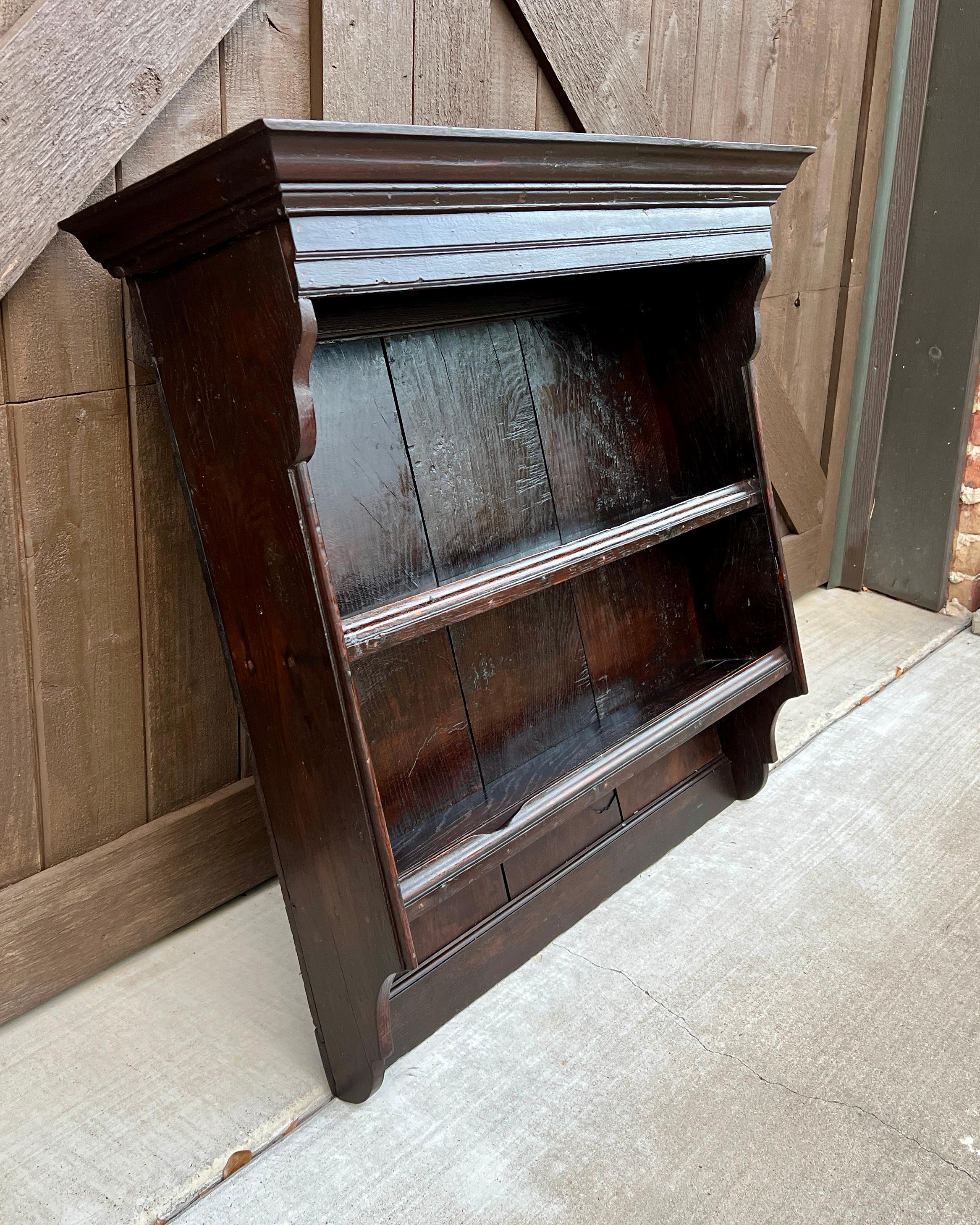 Antique English Wall Shelf Plate Rack Hanging Bookcase Cabinet Oak Mid 19th C 1