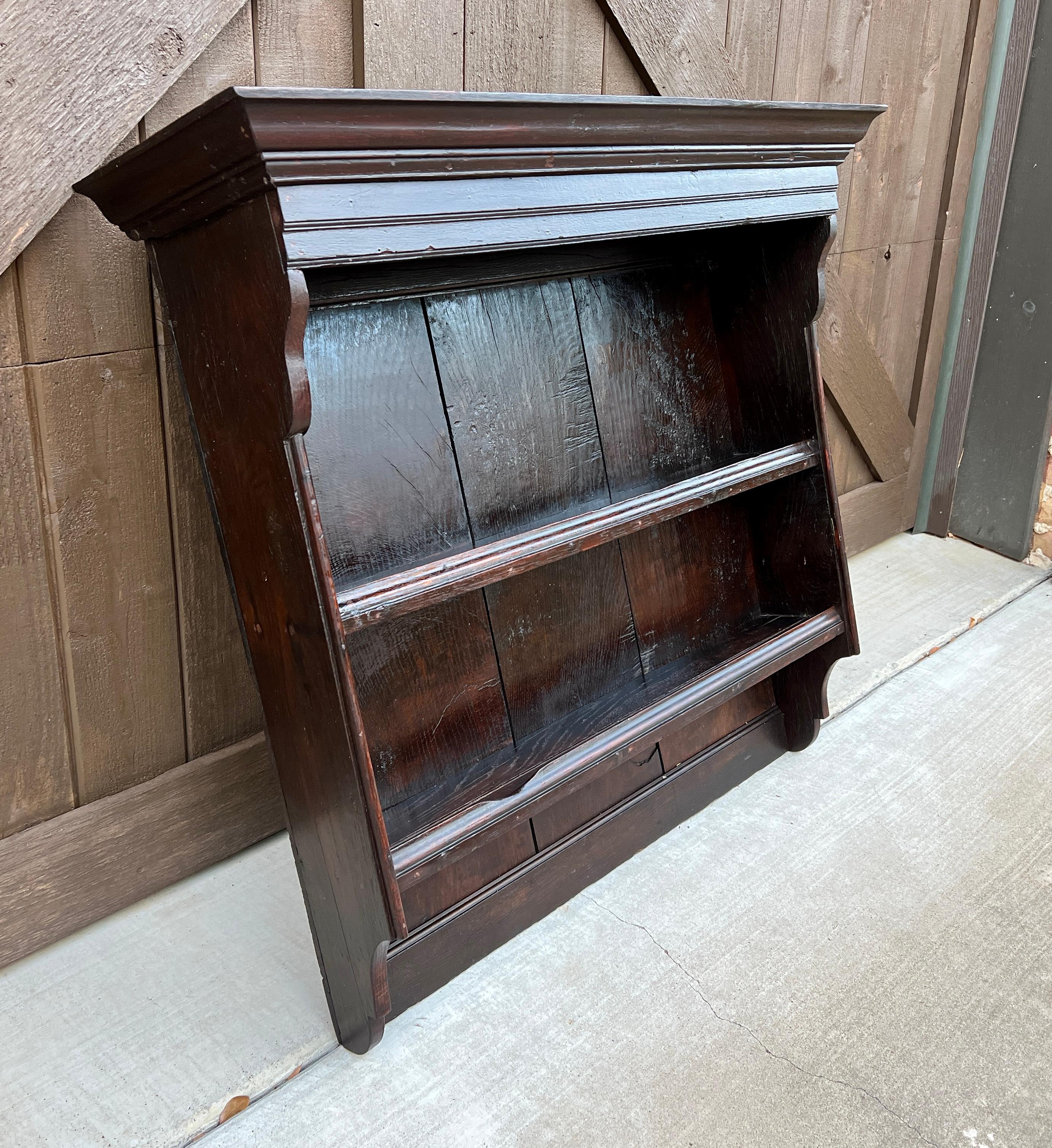 Antique English Wall Shelf Plate Rack Hanging Bookcase Cabinet Oak Mid 19th C 2