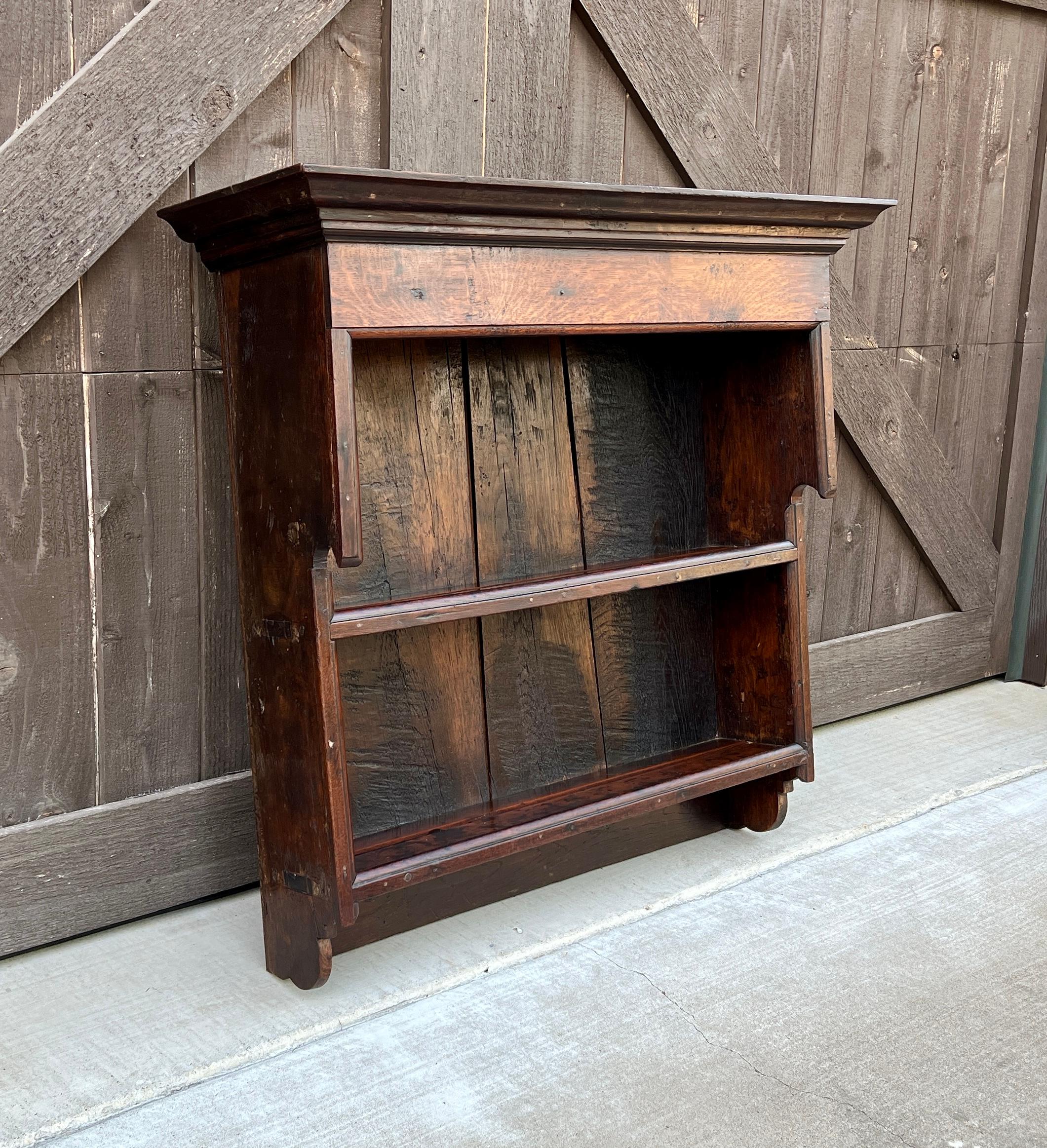 Antique English Wall Shelf Plate Rack Hanging Bookcase Cabinet Oak Mid 19th C 3