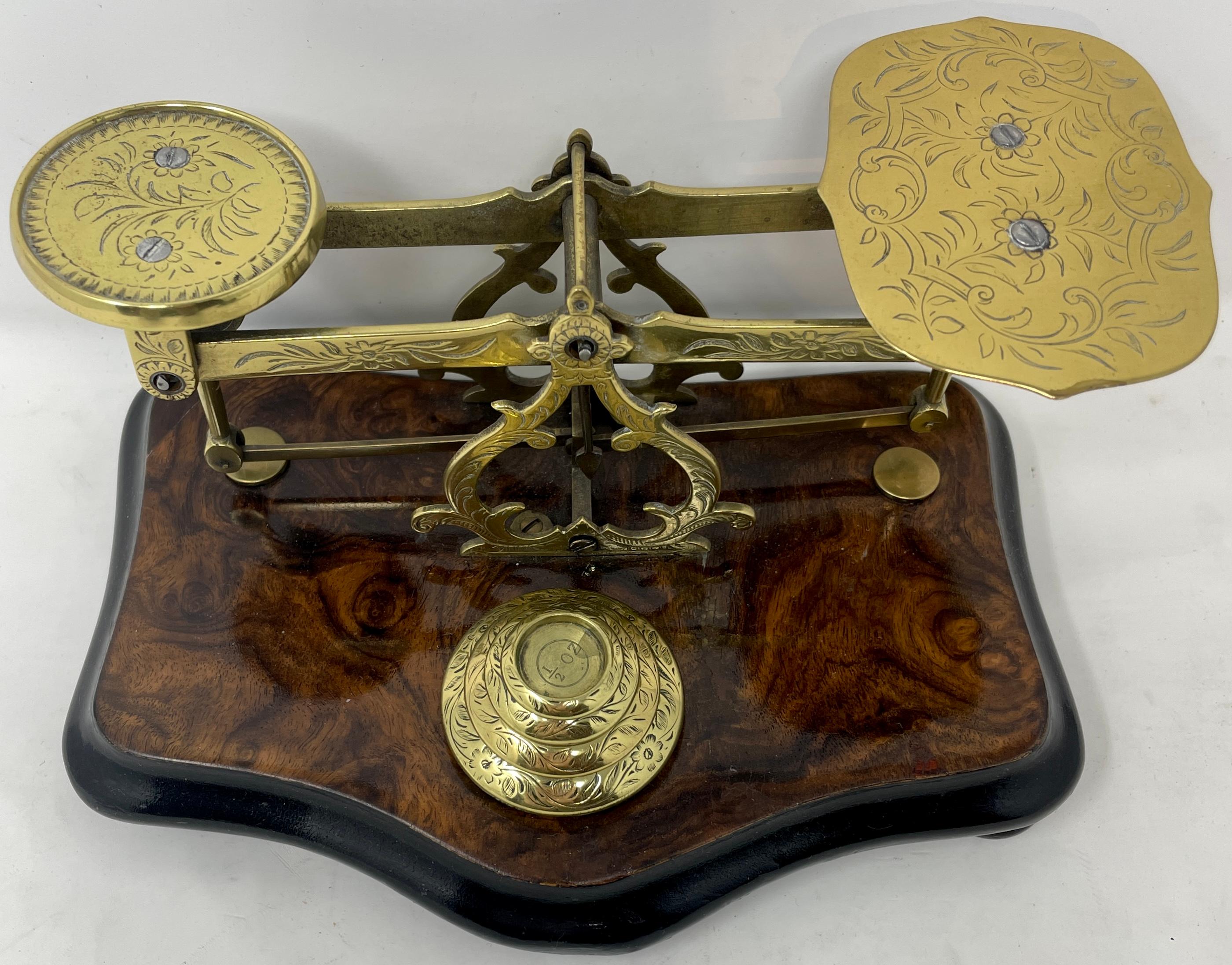 Antique English walnut and brass engraved postal scale, circa 1860.