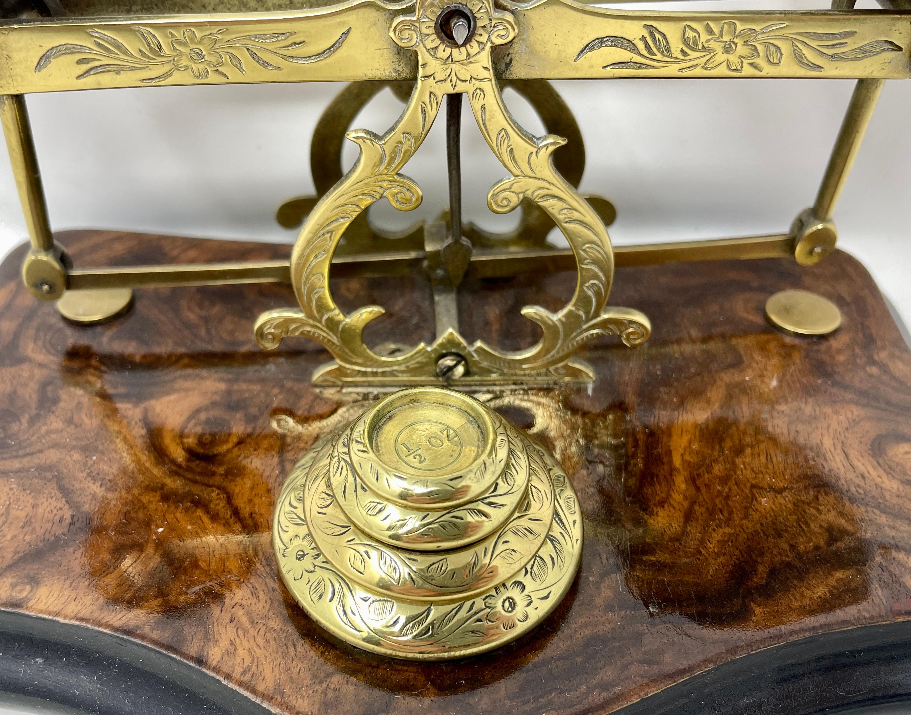 Antique English Walnut and Brass Engraved Postal Scale, Circa 1860 In Good Condition In New Orleans, LA