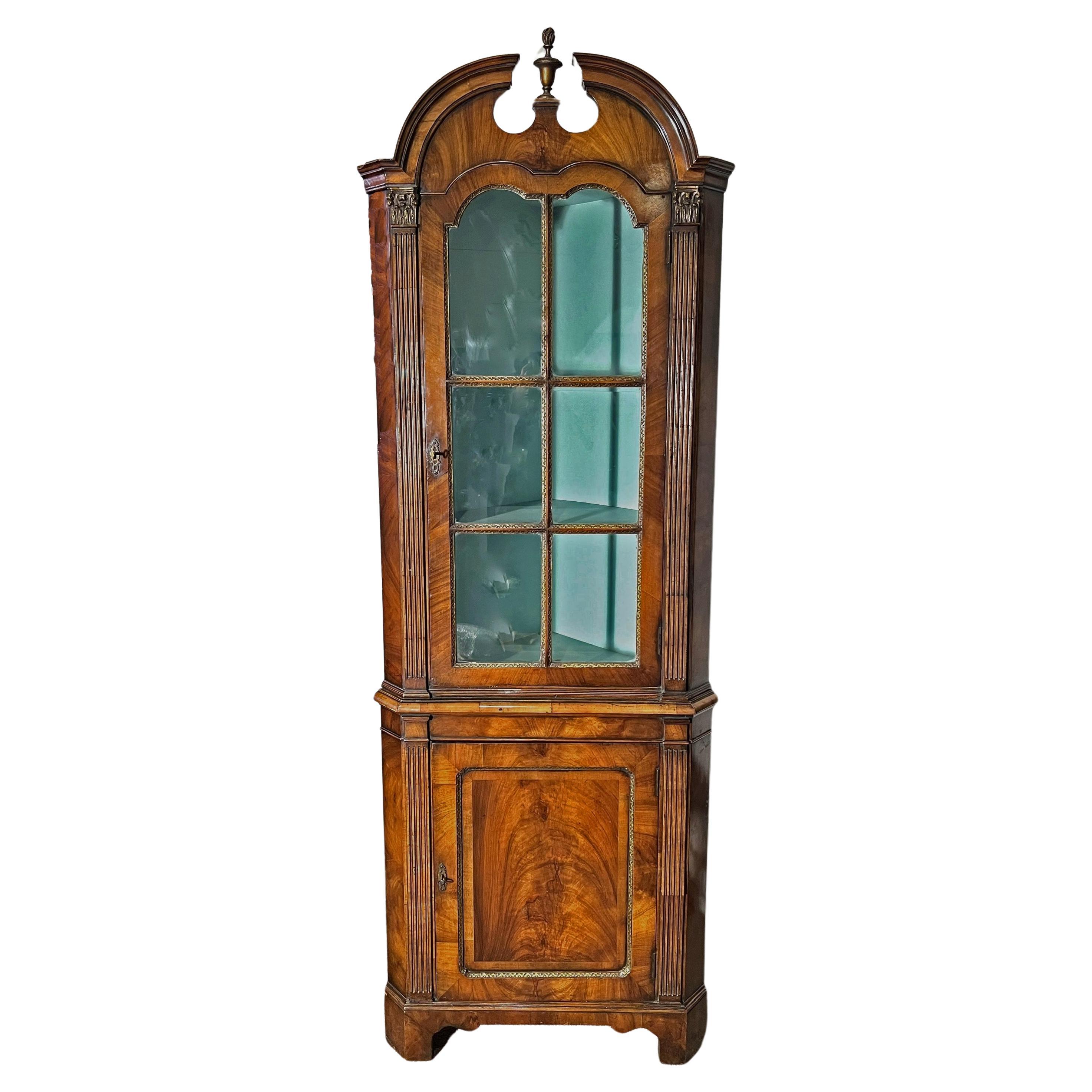 Antique English Walnut and Glass Front Corner Cabinet, Circa 1890-1910. For Sale