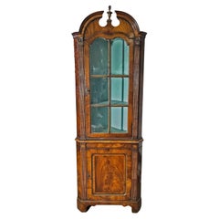Antique English Walnut and Glass Front Corner Cabinet, Circa 1890-1910.