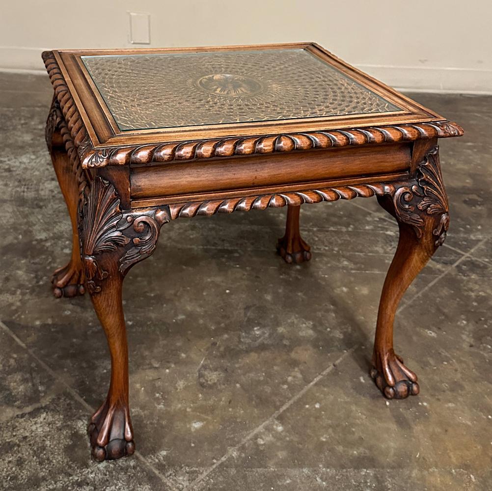 Antique English Walnut Chippendale End Table will make a charming addition to any seating group!  One immediately notices the glass top underneath which is a caned webbing emanating out from a carved wood rosette at the center, providing intriguing