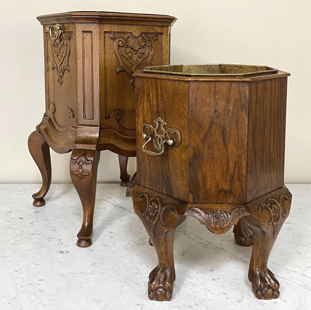 Antique English walnut Chippendale tea warmer ~ jardinière is a fascinating ode to a bygone era! Lovingly hand carved from luxurious walnut imported from France, it features a stylized relief carving on the boldly scrolled legs that displays an