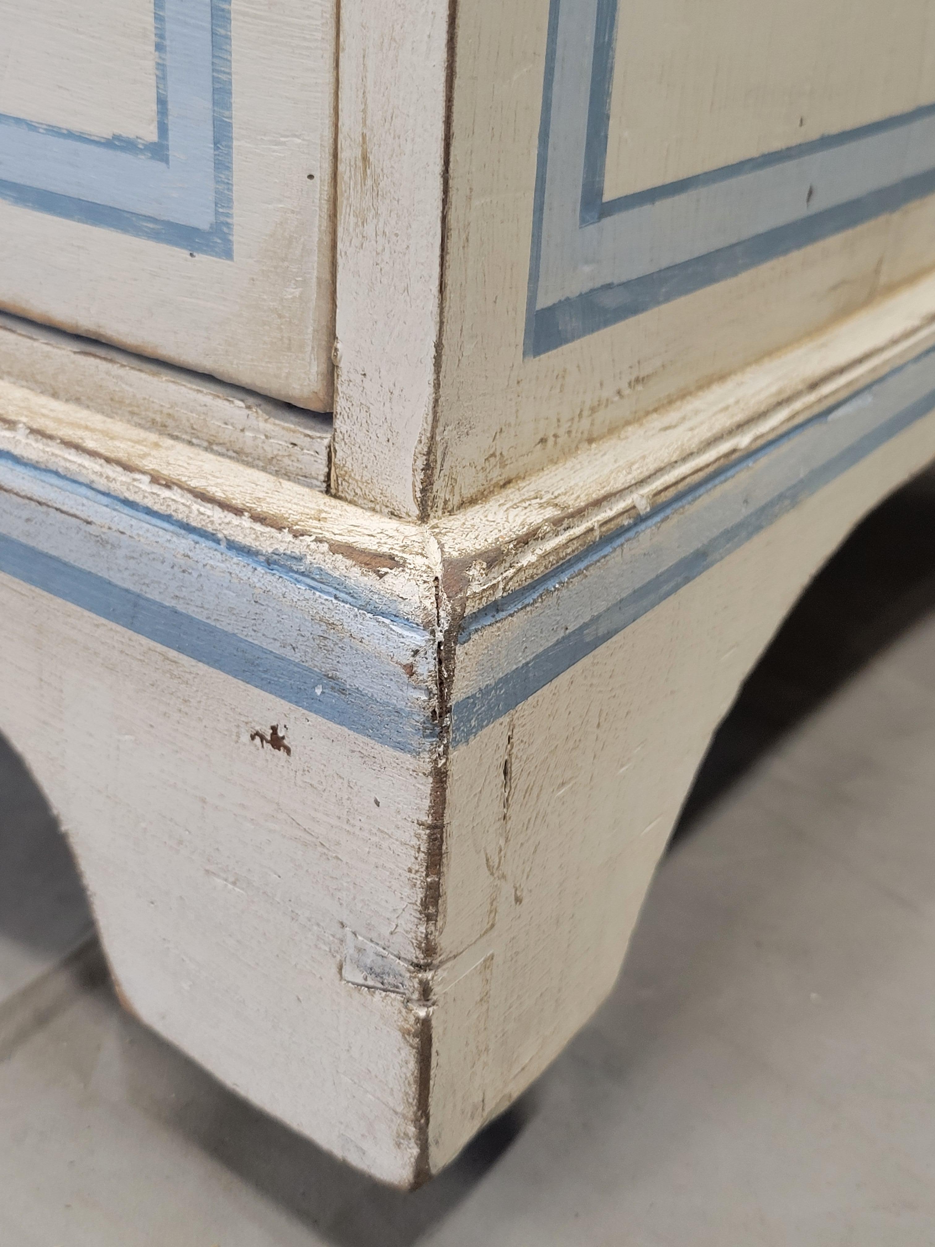 Antique English Walnut Dresser Painted White With Blue French Line Motif 2