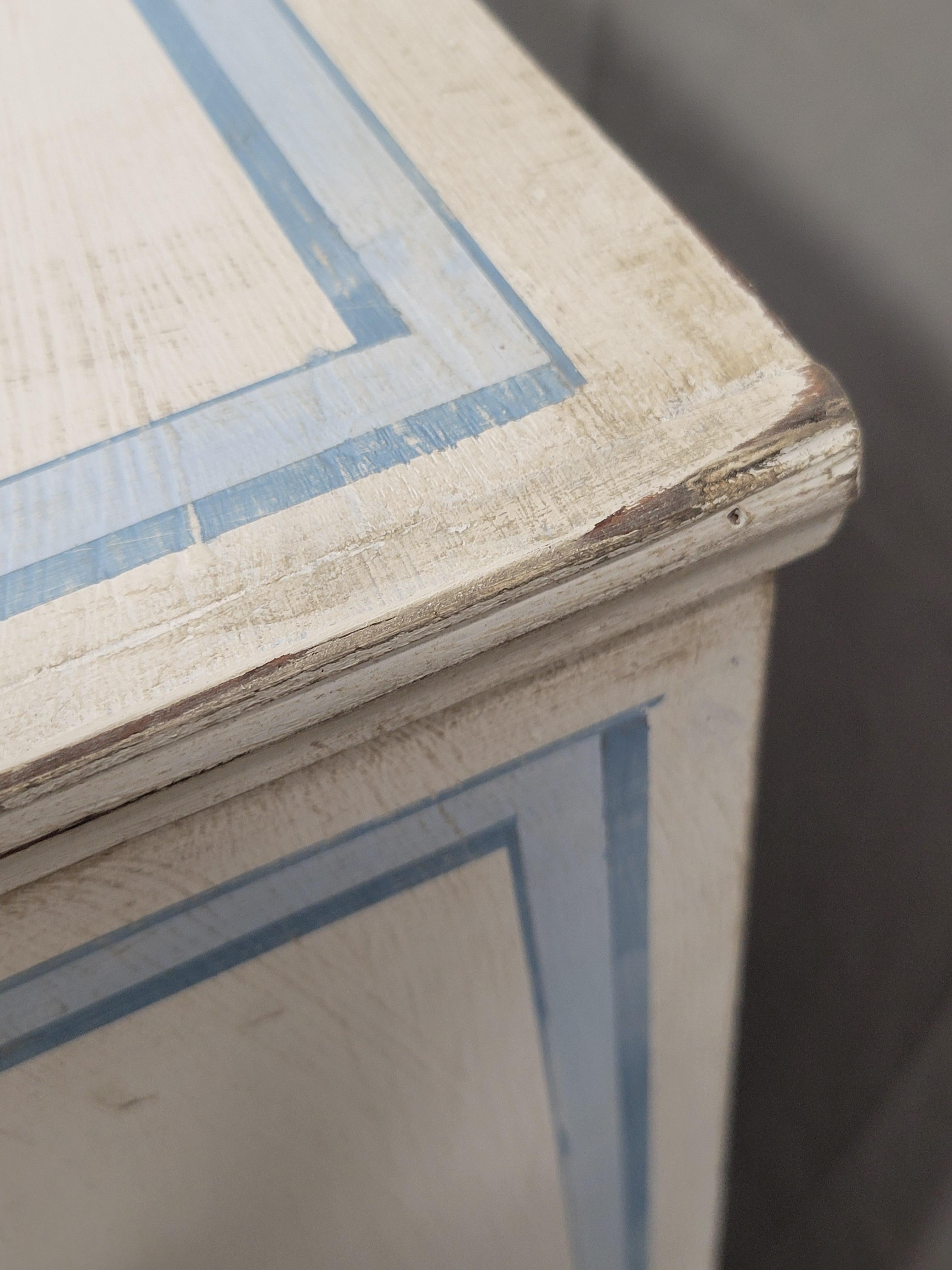 Antique English Walnut Dresser Painted White With Blue French Line Motif 3