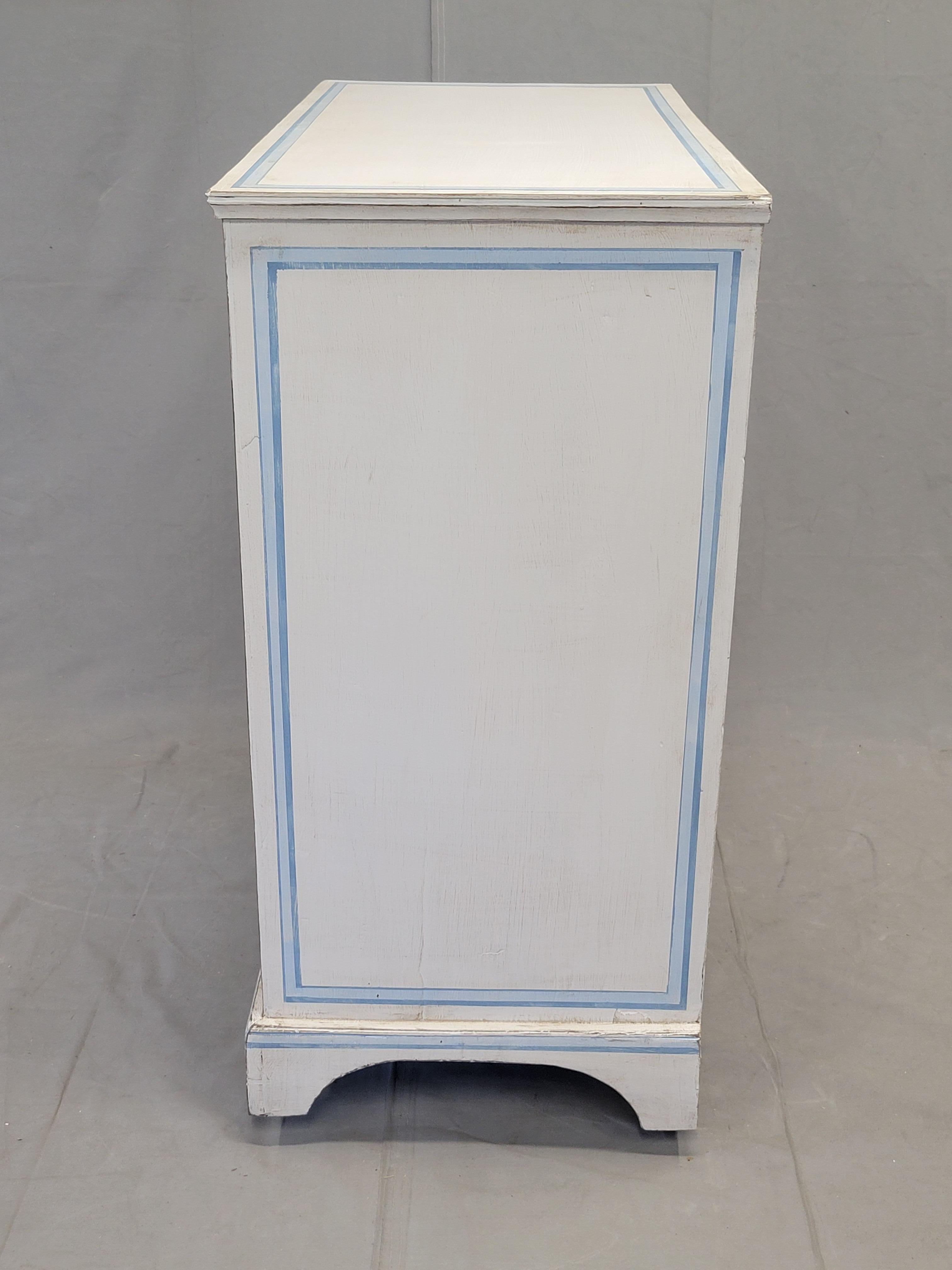 Antique English Walnut Dresser Painted White With Blue French Line Motif 4