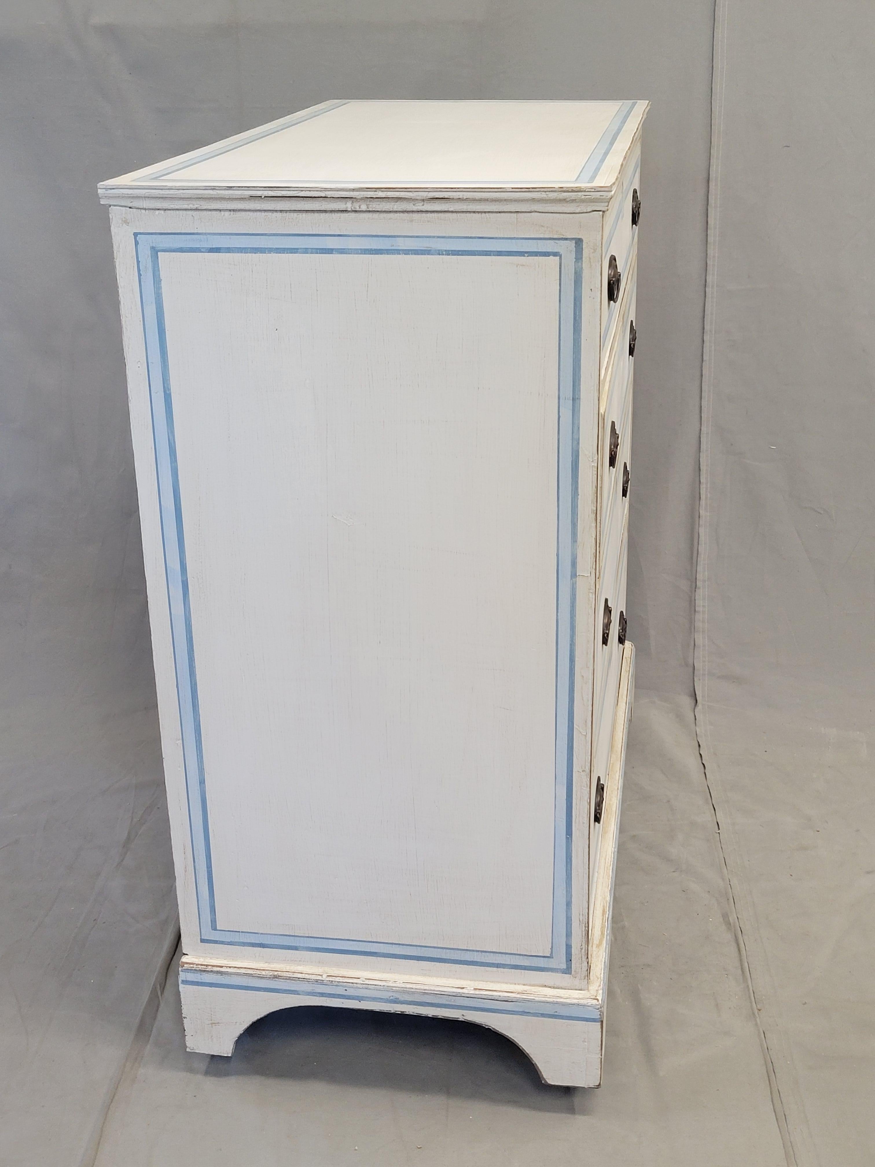 Antique English Walnut Dresser Painted White With Blue French Line Motif 5