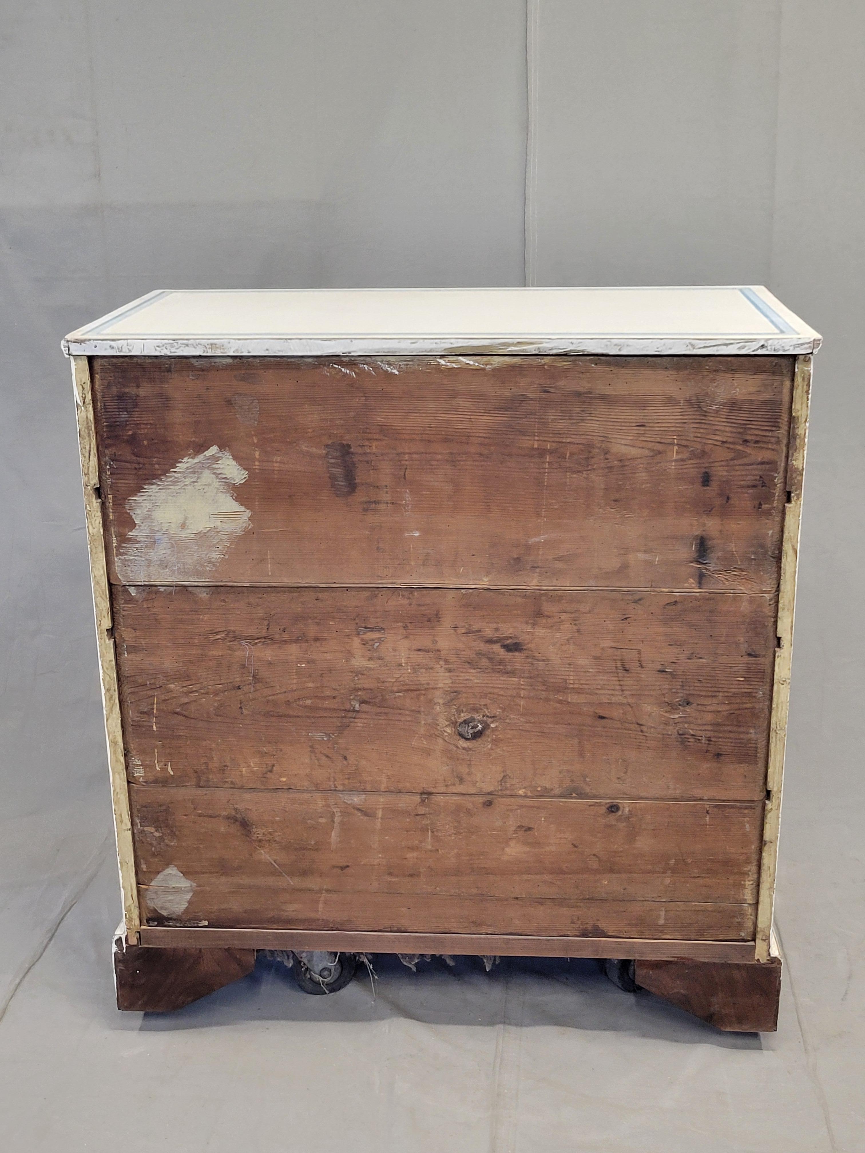 Antique English Walnut Dresser Painted White With Blue French Line Motif 6