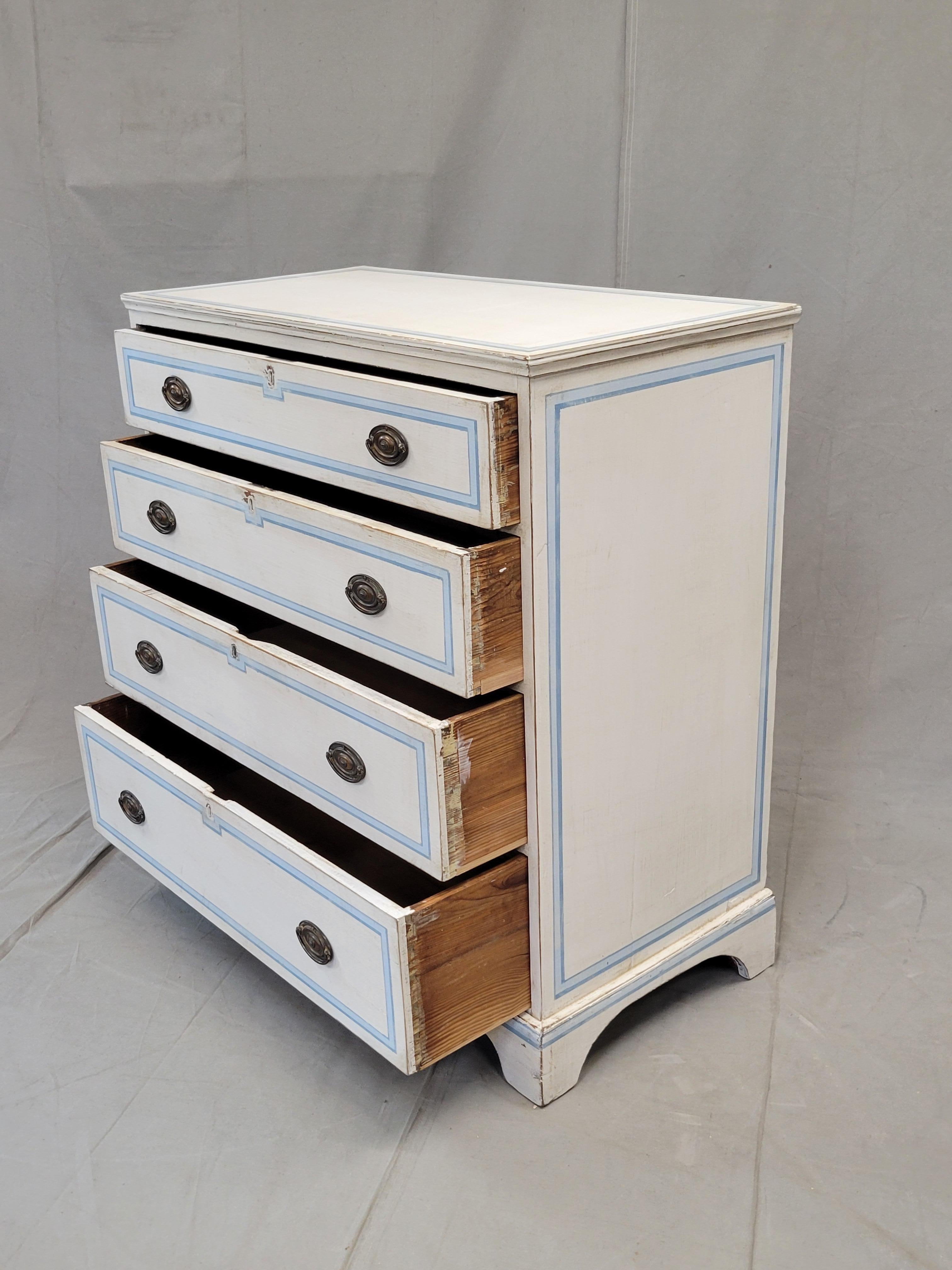 Neoclassical Antique English Walnut Dresser Painted White With Blue French Line Motif
