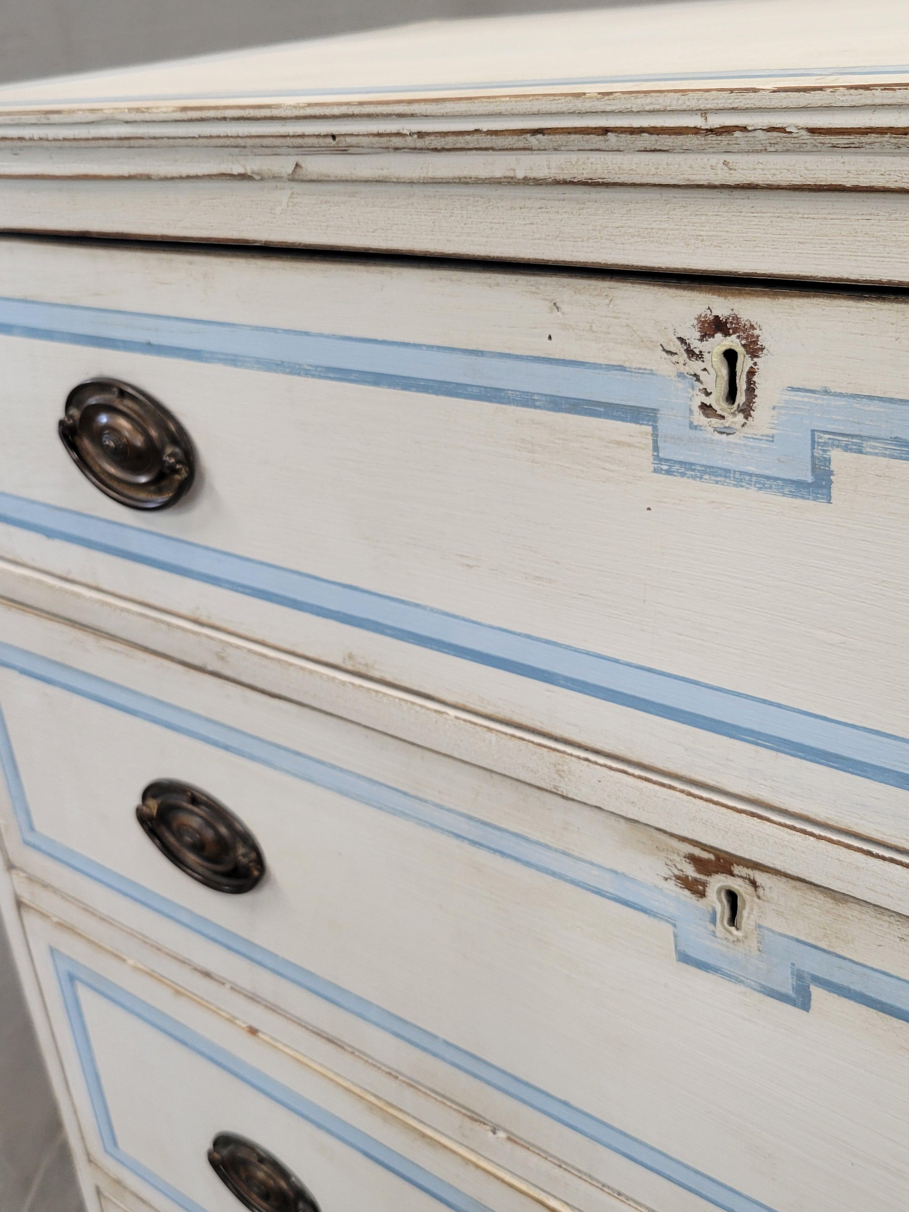 British Antique English Walnut Dresser Painted White With Blue French Line Motif