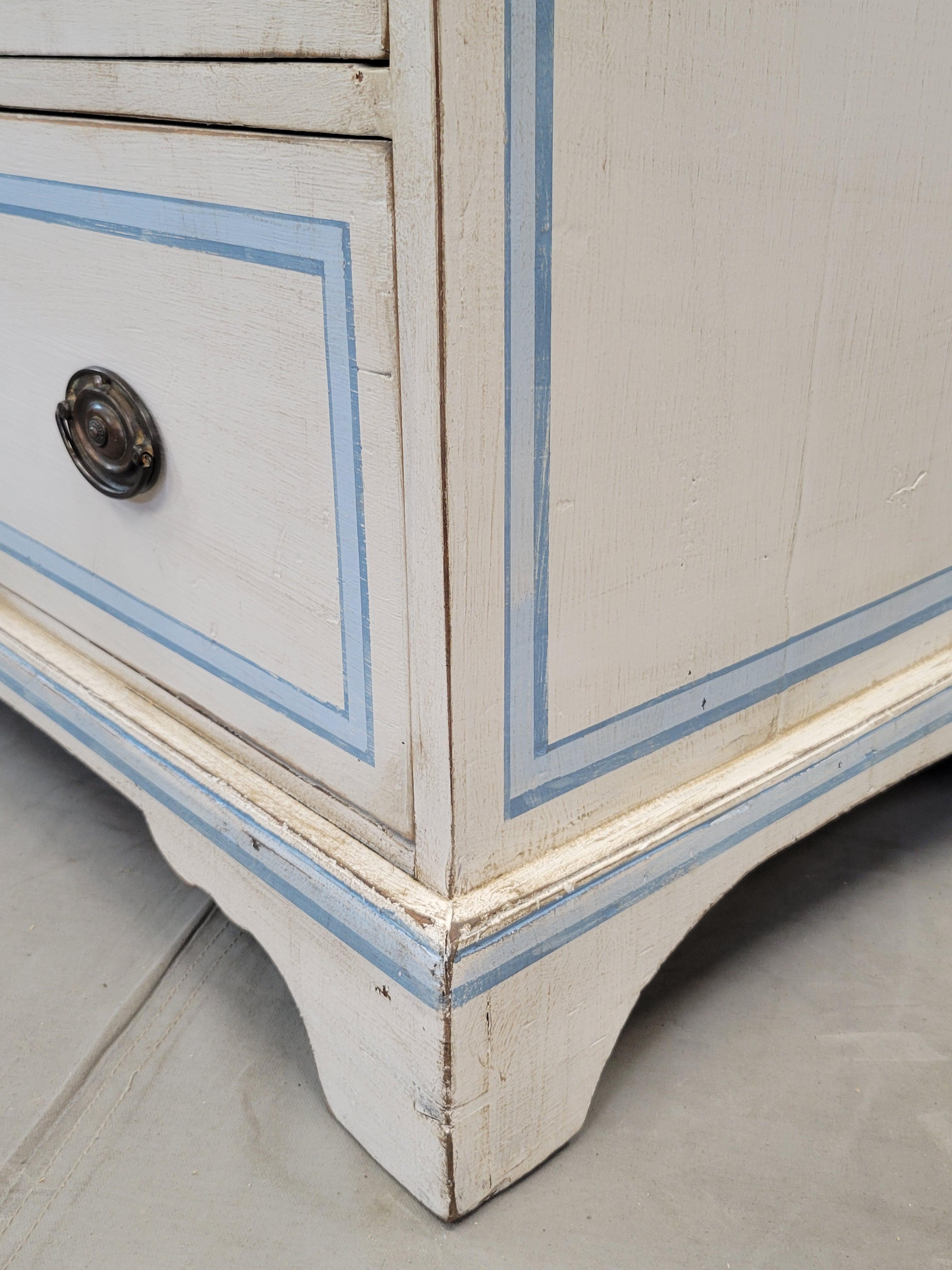 Hand-Crafted Antique English Walnut Dresser Painted White With Blue French Line Motif