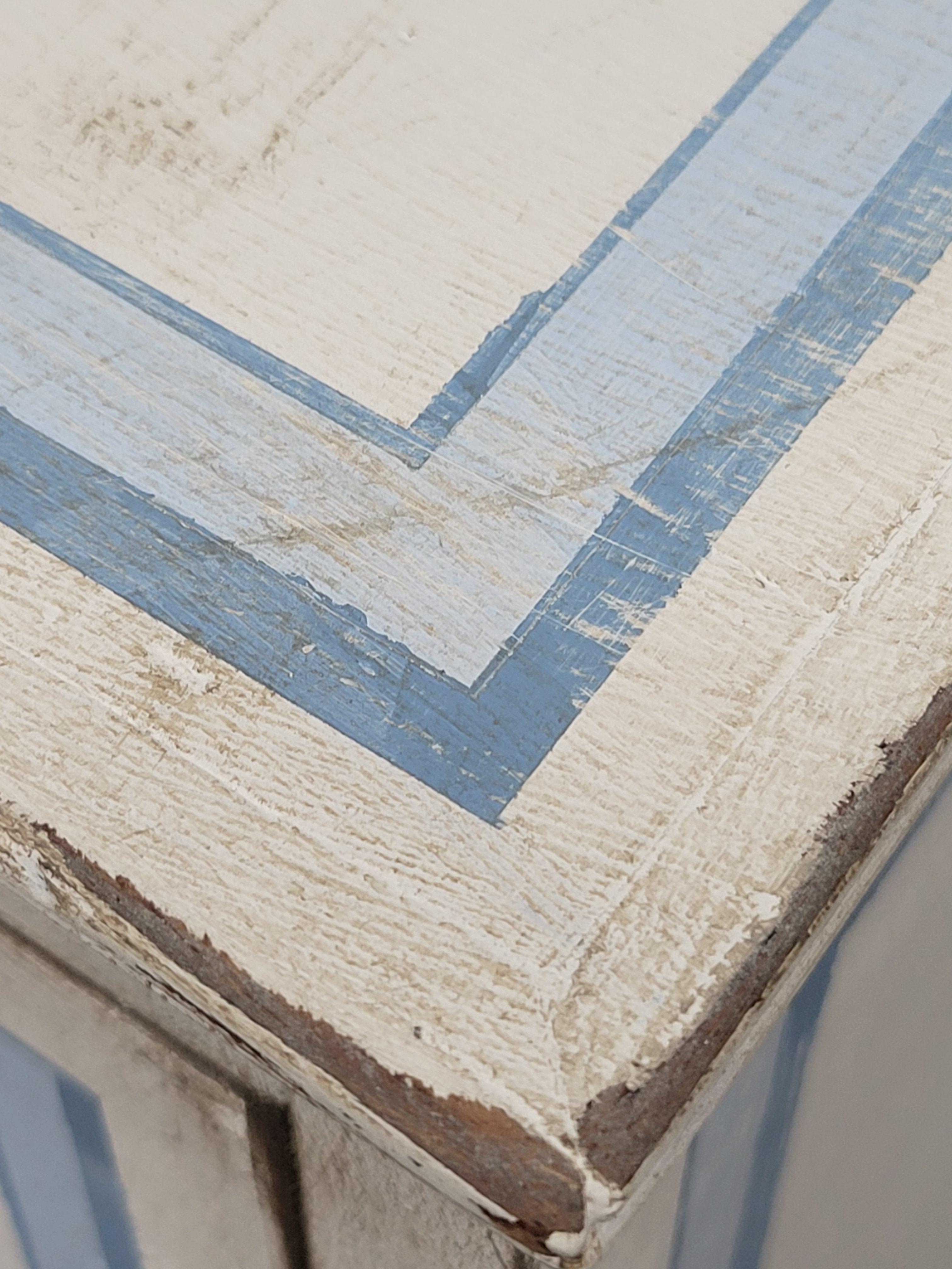 Antique English Walnut Dresser Painted White With Blue French Line Motif In Good Condition In Centennial, CO
