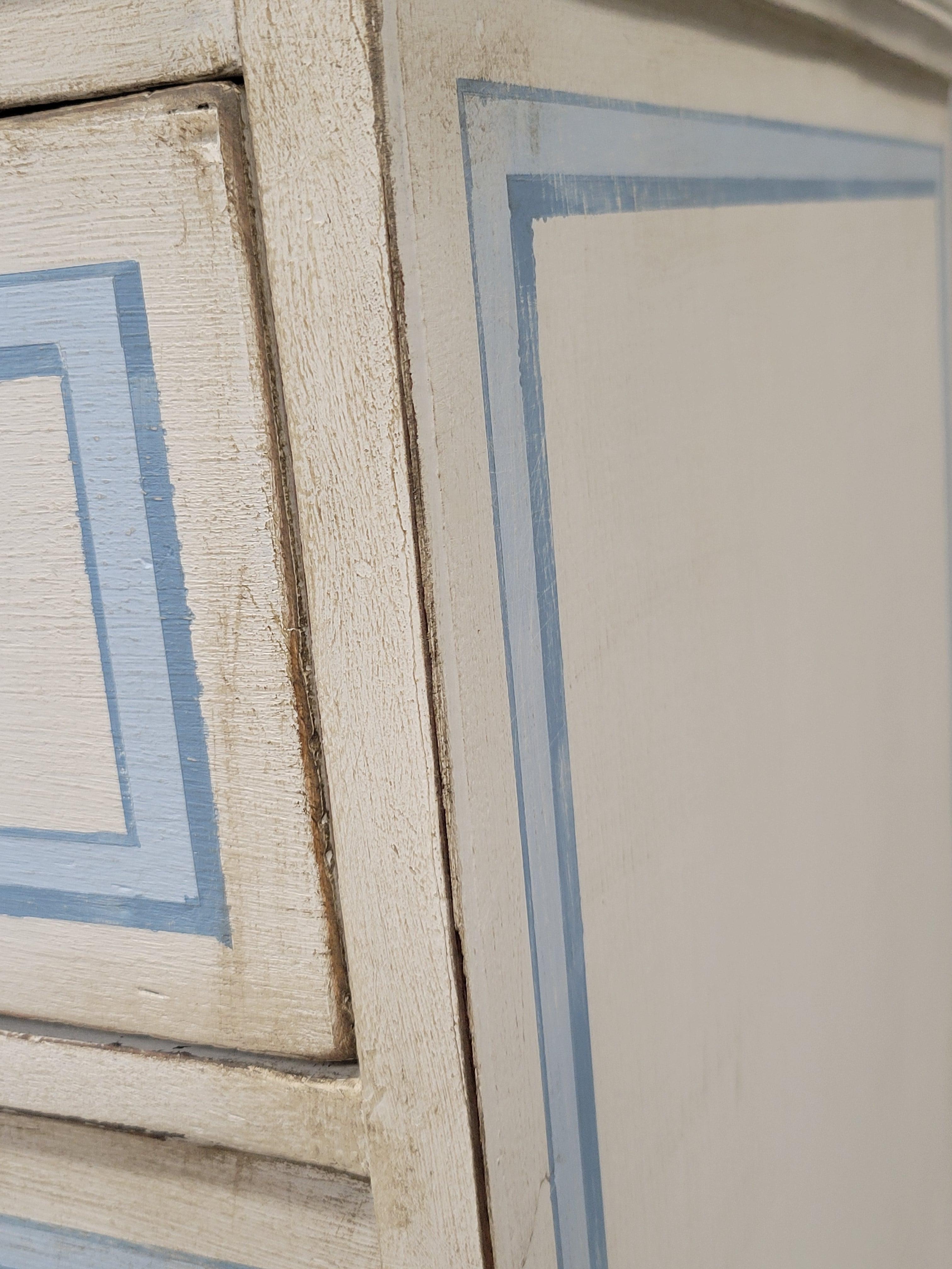 Brass Antique English Walnut Dresser Painted White With Blue French Line Motif